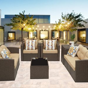 Superjoe 10 Pcs Patio Wicker Furniture Set Aluminum Frame Outdoor Sectional Conversation Sofa with Storage Box and Coffee Table,Beige