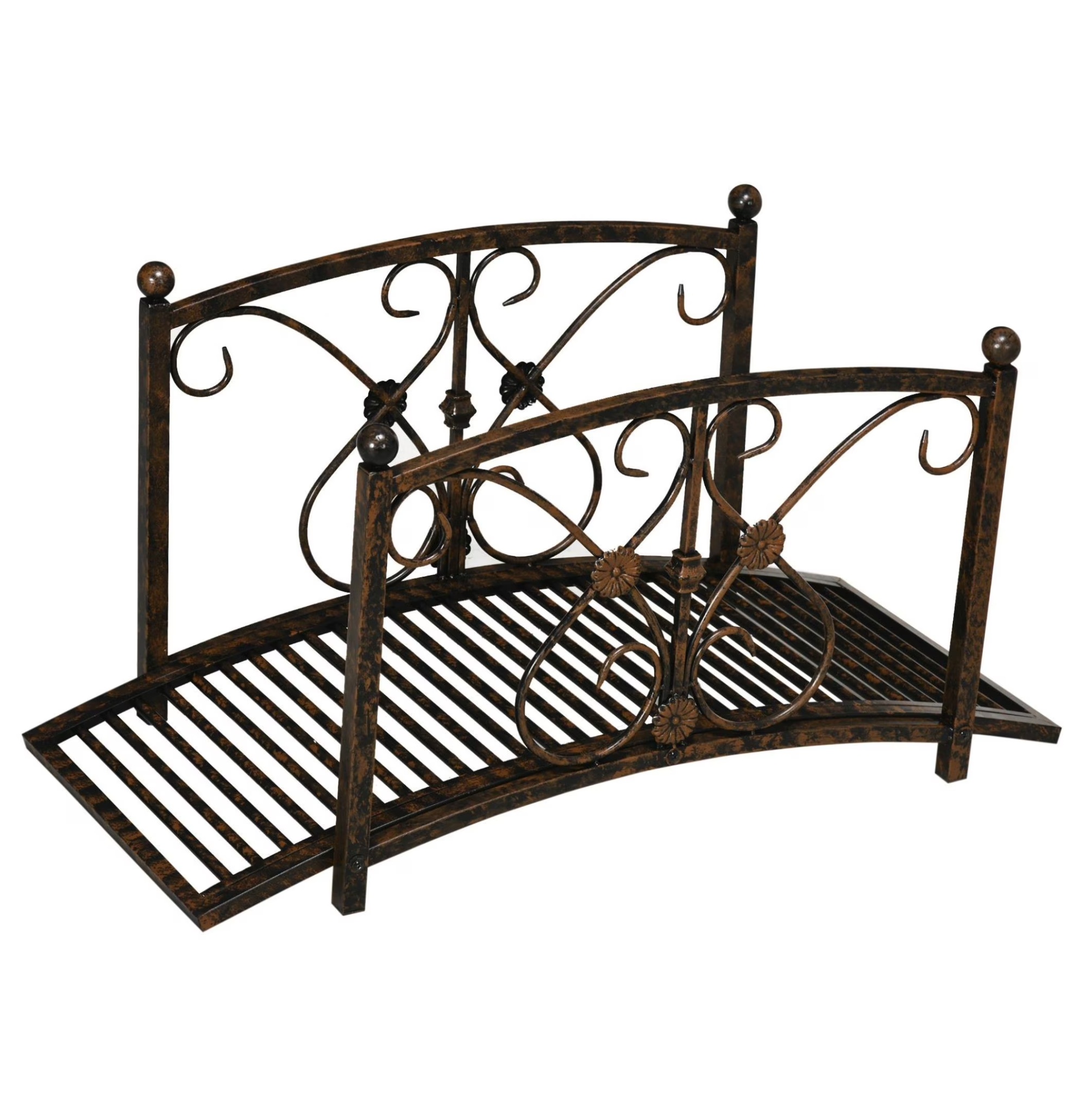3.3FT Metal Garden Bridge - Decorative Arch Footbridge with Rails, Rust Finish - Outdoor Landscape Decor for Backyard, Pond, Stream