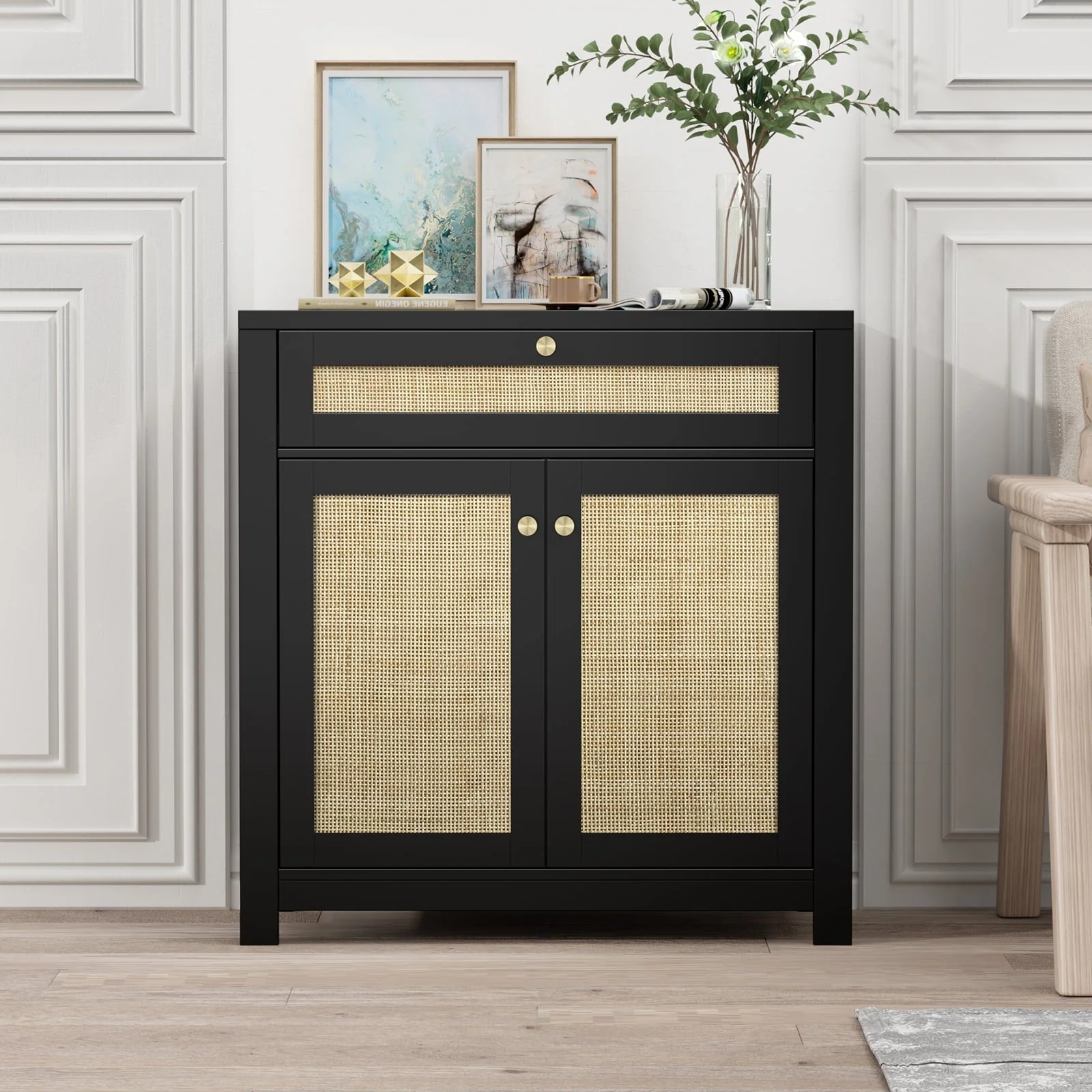 Eumyviv Black Sideboard Buffet Storage Cabinet with Door and Drawer, Natural Rattan Kitchen Accent Storage Cabinet Free Standing, Black H0085 - Image 3