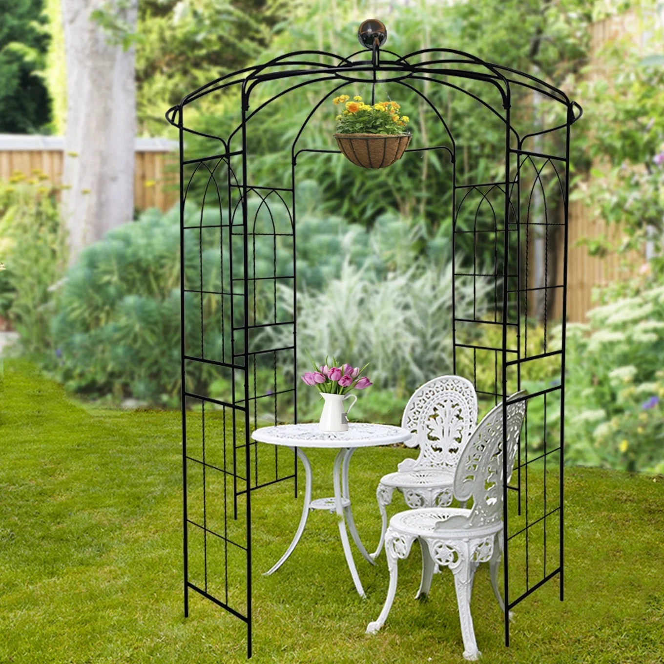 French Birdcage Gazebo with Metal Arch Trellis for Wedding Photography & Garden Decor, Sturdy Galvanized Steel, Black - Image 6