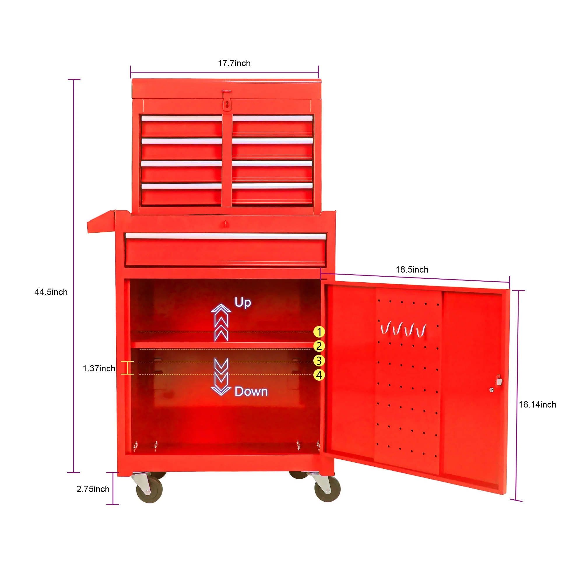 5-Drawer Rolling Tool Chest & Removable Tool Box with Locking System, Tool Box Organizer with 4 Wheels&Hooks, Large Capacity Garage Storage Cabinet for Warehouse and Repair Shop, Orange - Image 15