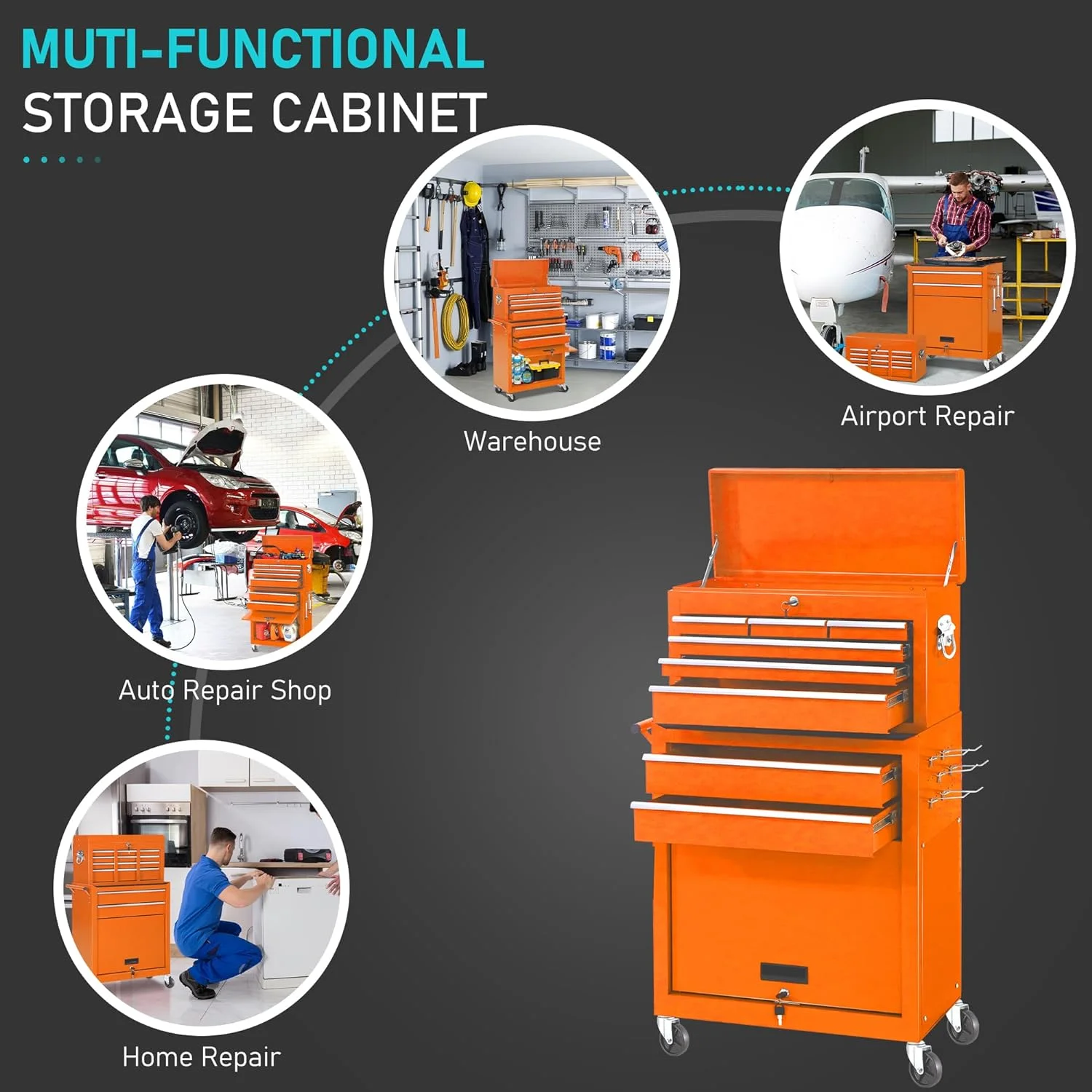 SUNCROWN 2-IN-1 Tool Chest, 8-Drawer Rolling Tool Chest with Hooks and Lockable Wheels,Metal Storage Detachable Top Tool Box with Lockable Wheels for Garage, Workshop, Art Studio(Black) - Image 64