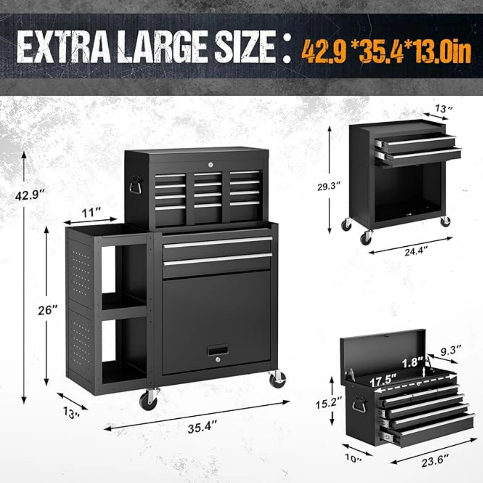 Gewna 5 Drawers Rolling Garage Tool Chest with Locking System,Metal Storage Cart with Side Cabinet,Protective Liner & Tool Rack for Garage Workshop - Image 6