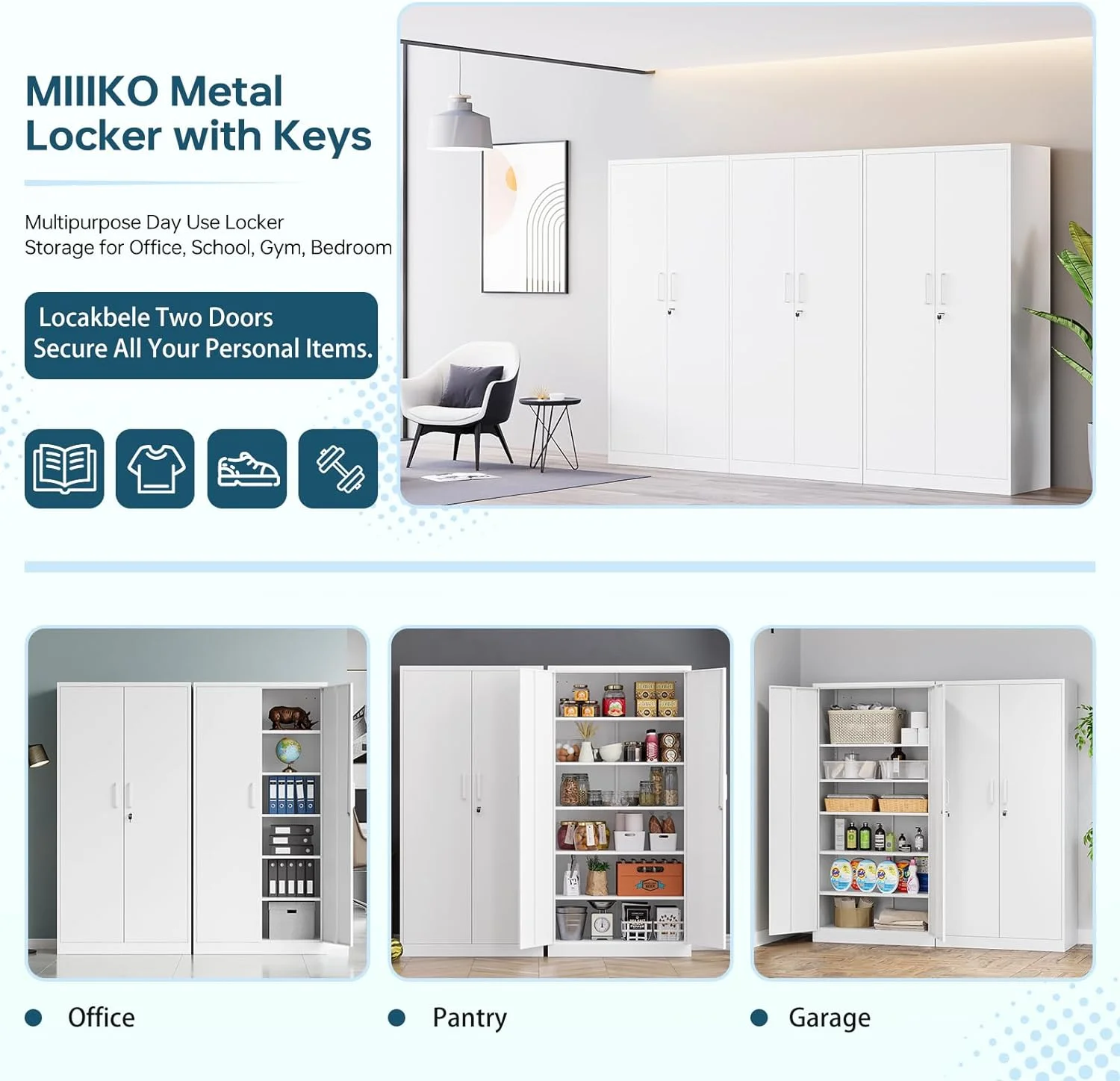 MIIIKO Metal Storage Cabinet with Locking Doors, Black Garage Lockable Steel Cabinets with 4 Doors and 5 Shelves for Home, Garage, Pantry Workshop Warehouse - Image 22
