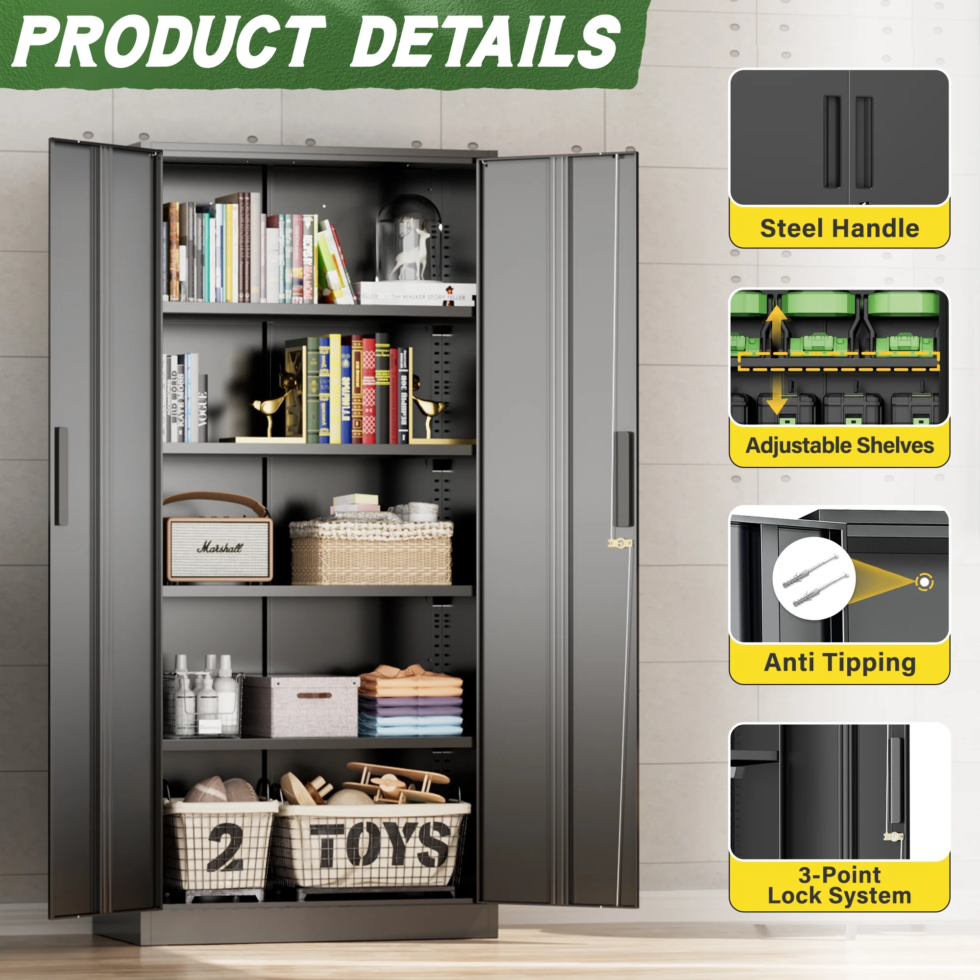 SOLAURA Metal Storage Cabinet with Wheels, 73" Garage Rolling Cabinet with Locking Door and 4 Shelves, Tool Cabinet on Caster for Home, Office, Black - Image 47