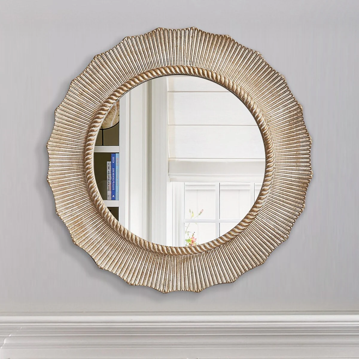30 Inch Bohemian Beige Round Wood Bathroom Vanity Wall Mirror