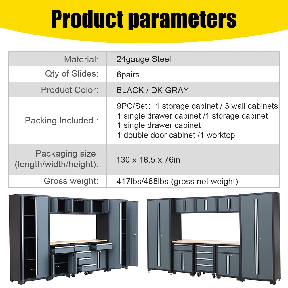 HPDMC Garage Storage Cabinet System 9-Pcs Workshop Set Metal Garage Cabinets and Storage System with Steel Cabinet Drawers, Rolling Chest, Workbench, Pegboard for Garage Tool Organization - Image 12