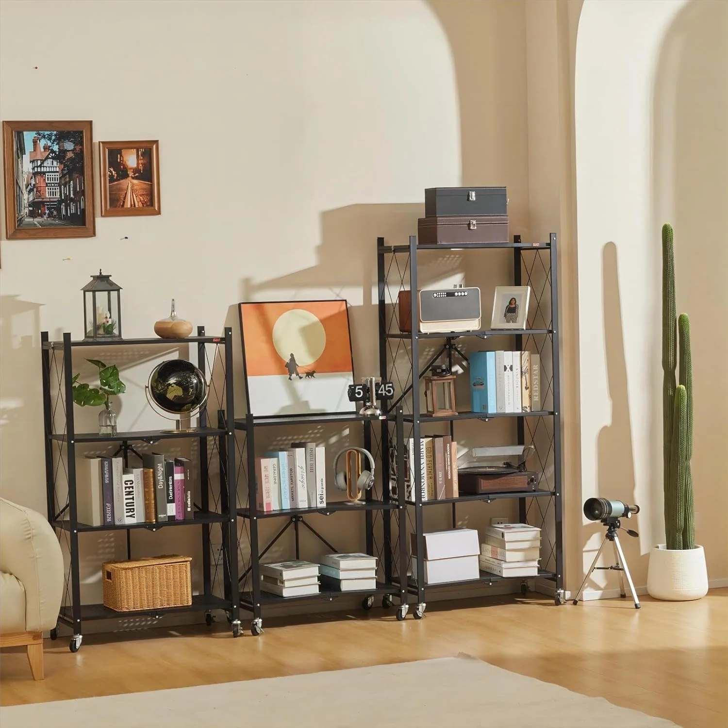 4 Tier Foldable Storage Shelves with Wheels, Large Capacity Shelving Unit, Freestanding Metal Wire Shelf Rack, No Assembly Organizer Rack for Garage Kitchen, Basement, Pantry(Black) - Image 3