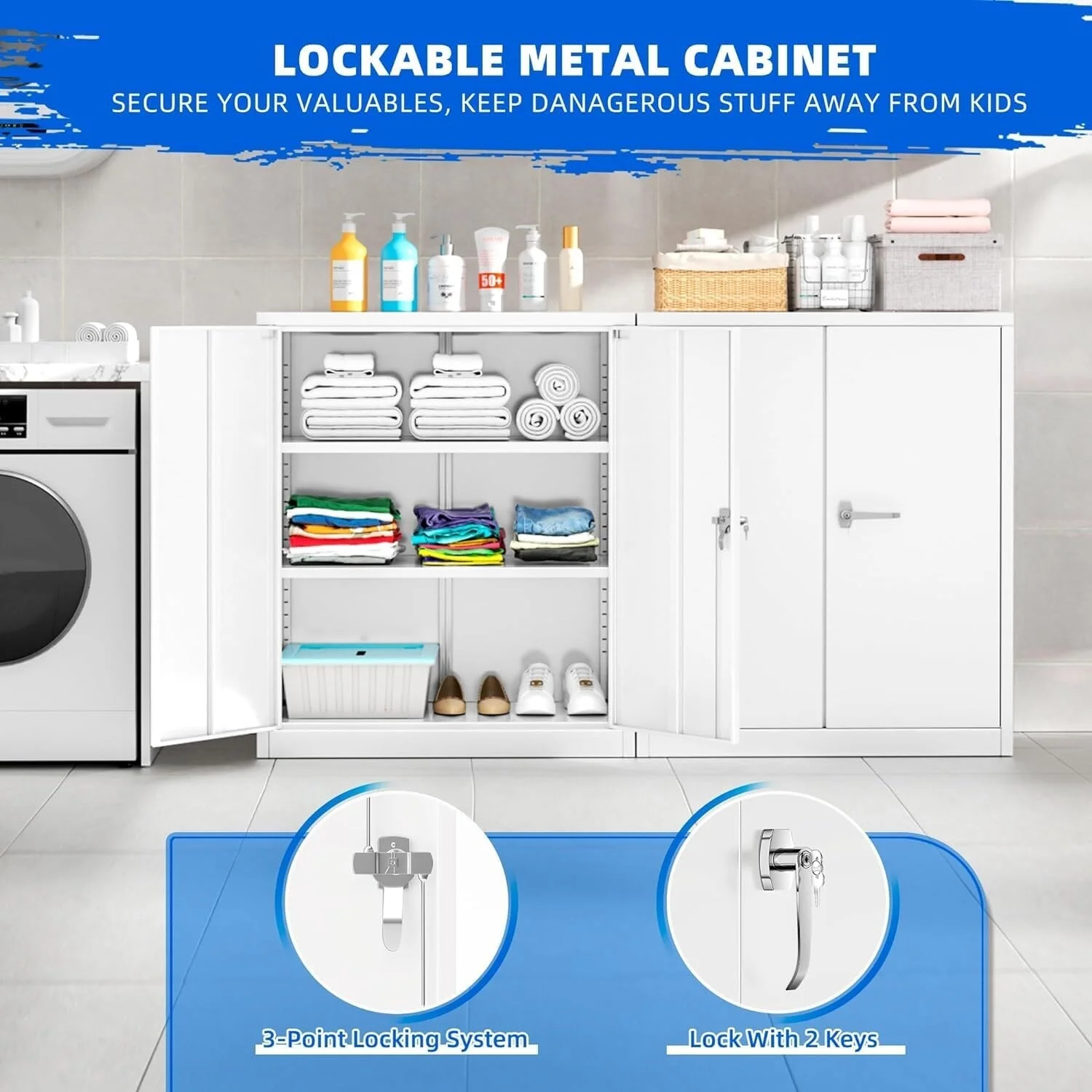 36" Metal Garage Storage Cabinet with 2 Locking Doors and 2 Adjustable Shelves Grey - Image 12