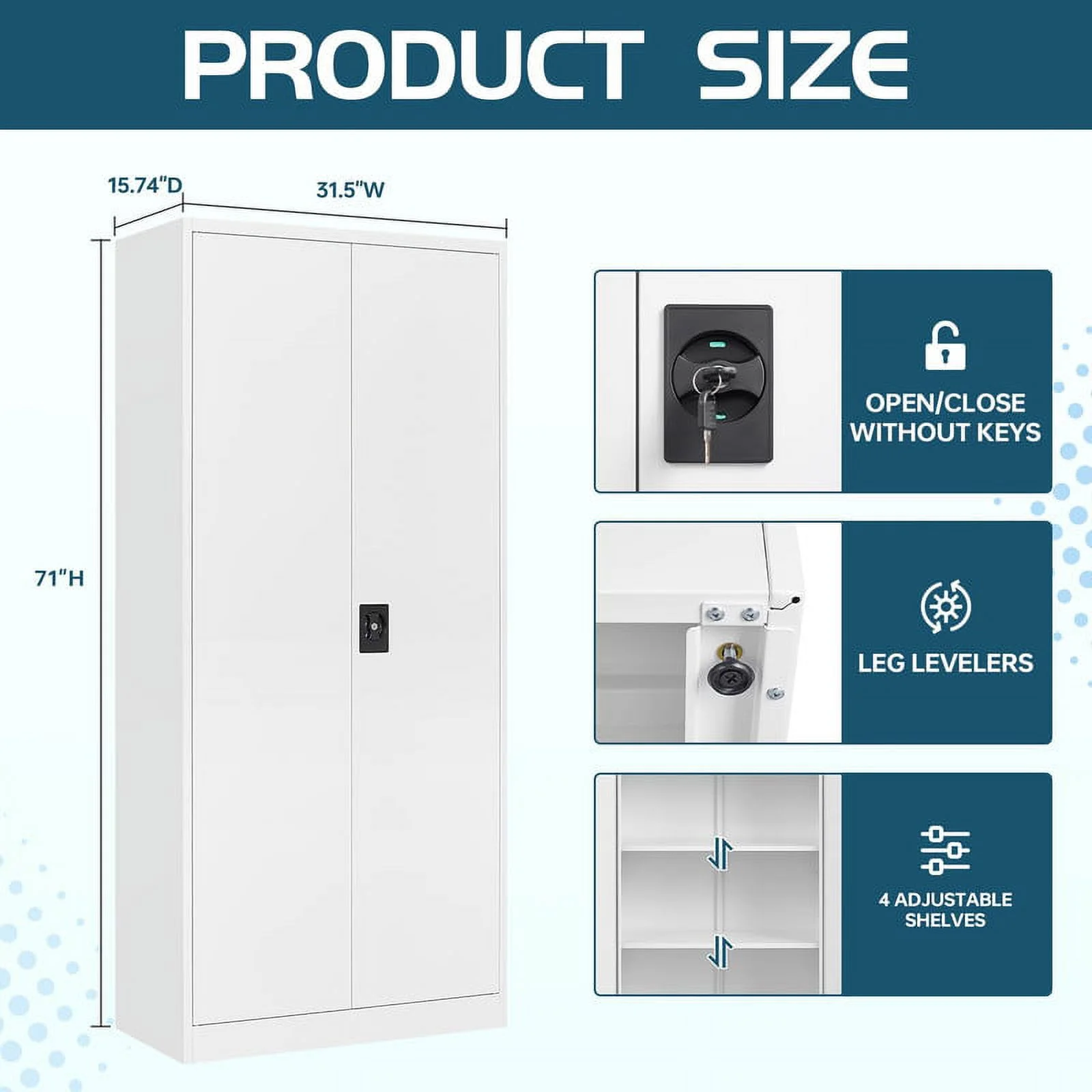 MIIIKO 71" Metal Storage Locker Metal Garage Locker Cabinets with Locking Door and 4 Adjustable Shelves, Steel Classic Storage Cabinet for Home, School, Office, Garage - Image 4