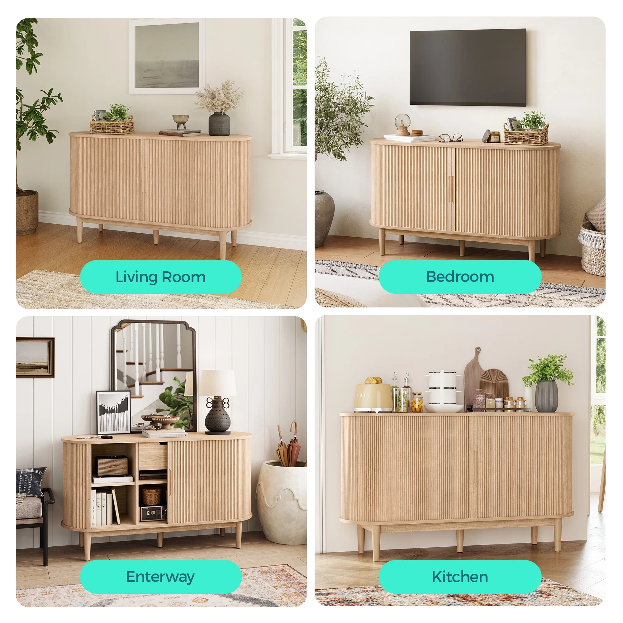 LINSY HOME Fluted Pantry Storage Cabinet, Kitchen Cabinets with Sliding Tambour Door, Wide Storage Cabinet with Removable & Adjustable Shelves for Dining Room, Living Room, Bathroom, Oak - Image 7