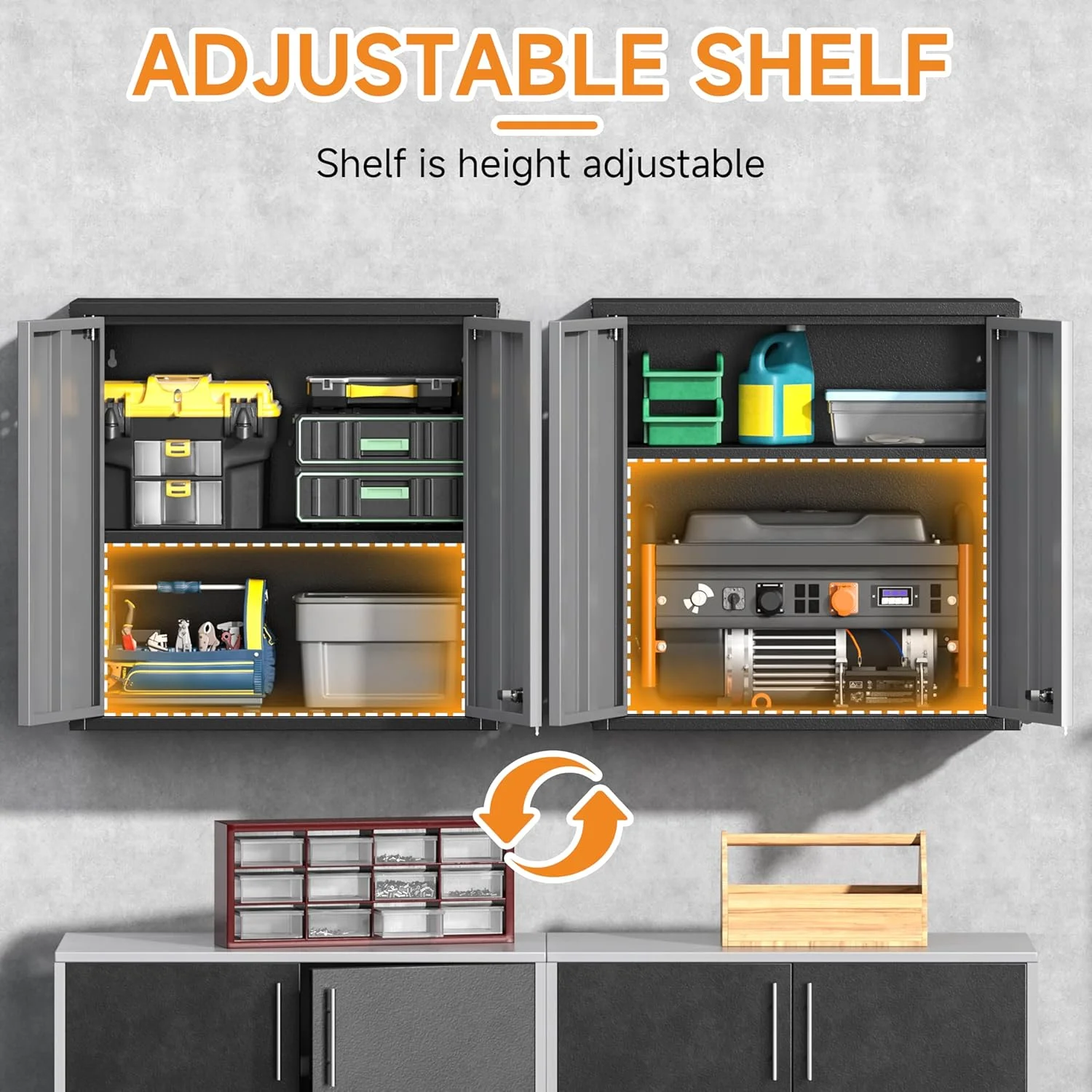 Metal Garage Wall Cabinet with Doors and Adjustable Shelf,Lockable Floating Tool Cabinet with Pegboard,Steel Storage Cabinet for Kitchen,Office,Garage,Laundry,Warehouse(Black&Gray, 26" H) - Image 4