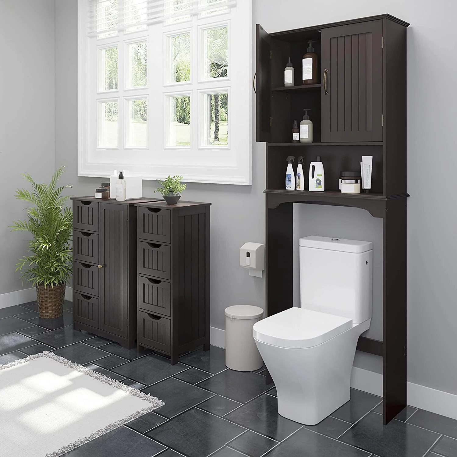 Bilot Over The Toilet Storage Cabinet Bathroom Organizer with Adjustable Shelf & Double Doors for Toilet, Home Space-Saving Furniture, L24.5xW9xH66 Inches, Espresso - Image 3
