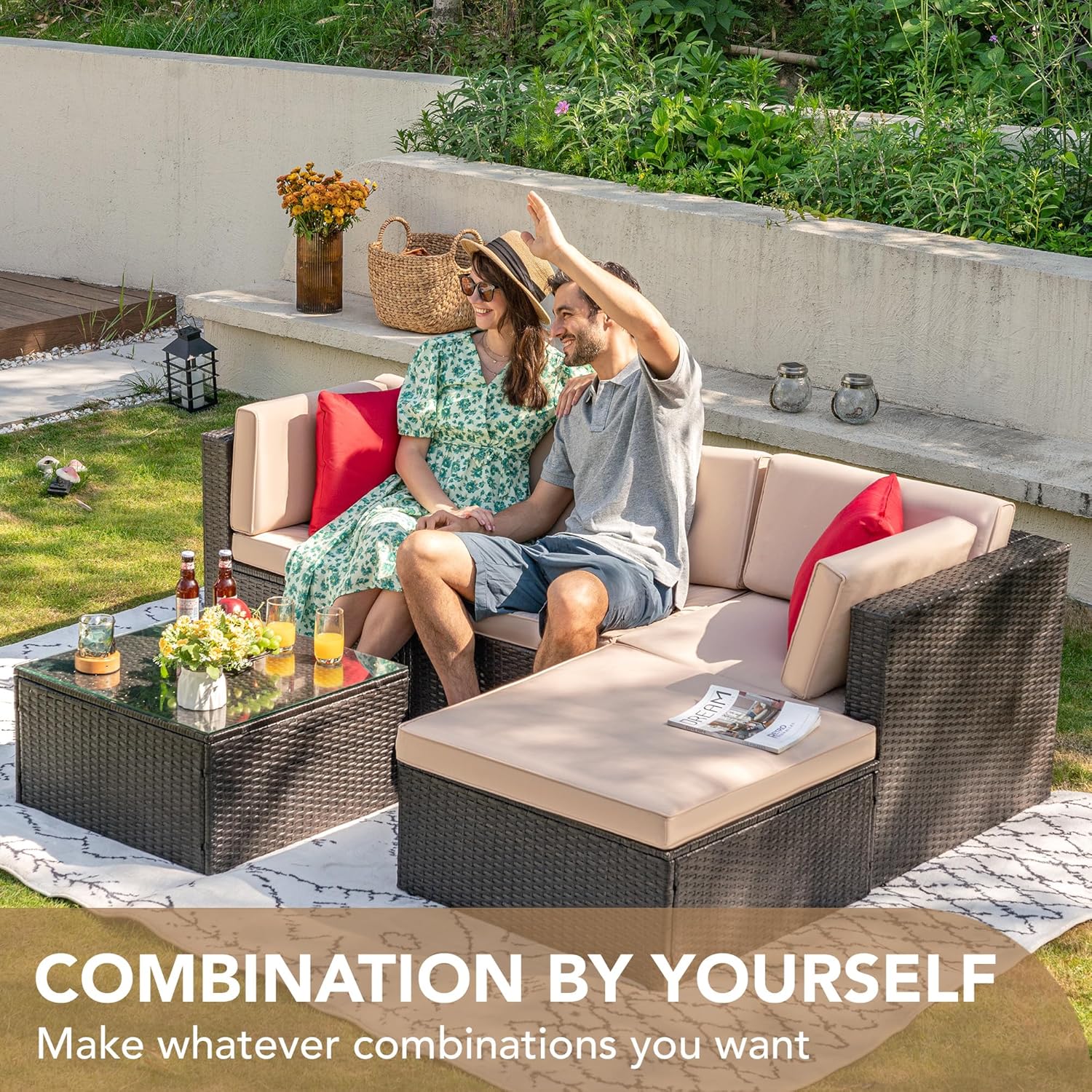5-Piece All-Weather Patio Furniture Set with Cushions, Outdoor Wicker Conversation Sofa Set for Garden, Deck & Backyard - Image 2