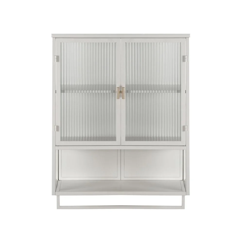 Tcbosik Modern Metal Wall Storage Cabinet with 2 Glass Door and Detachable Shelf, Open Shelf, and Towel Bar, Vintage Cabinet for Kitchen Dining, Bathroom, Living Room, White - Image 8
