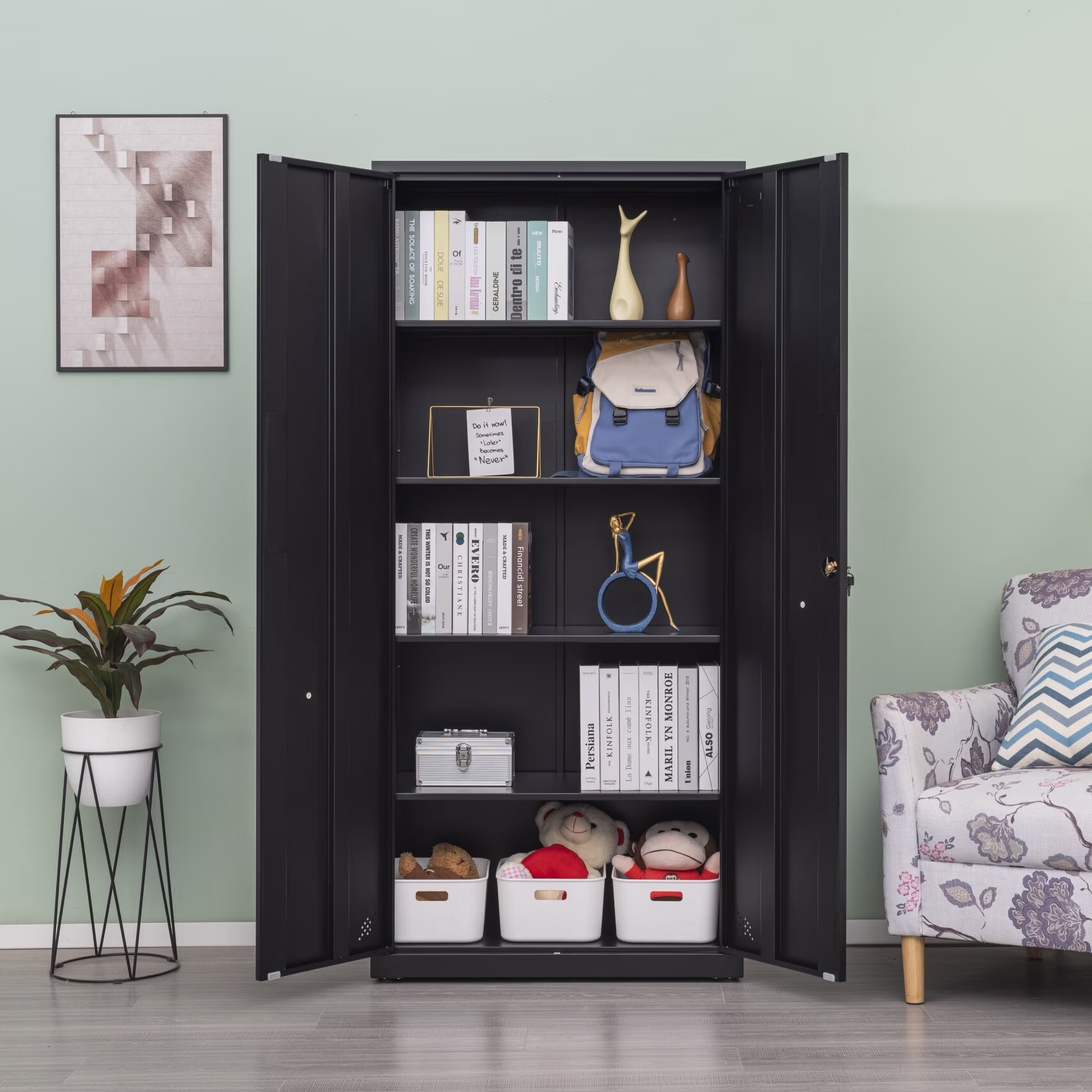 31.5" Metal Storage Cabinet with 2 Doors and 2 Adjustable Shelves, Garage Storage Cabinet with Metal Handles, Metal File Cabinet for Home Office School Gym, Black - Image 5