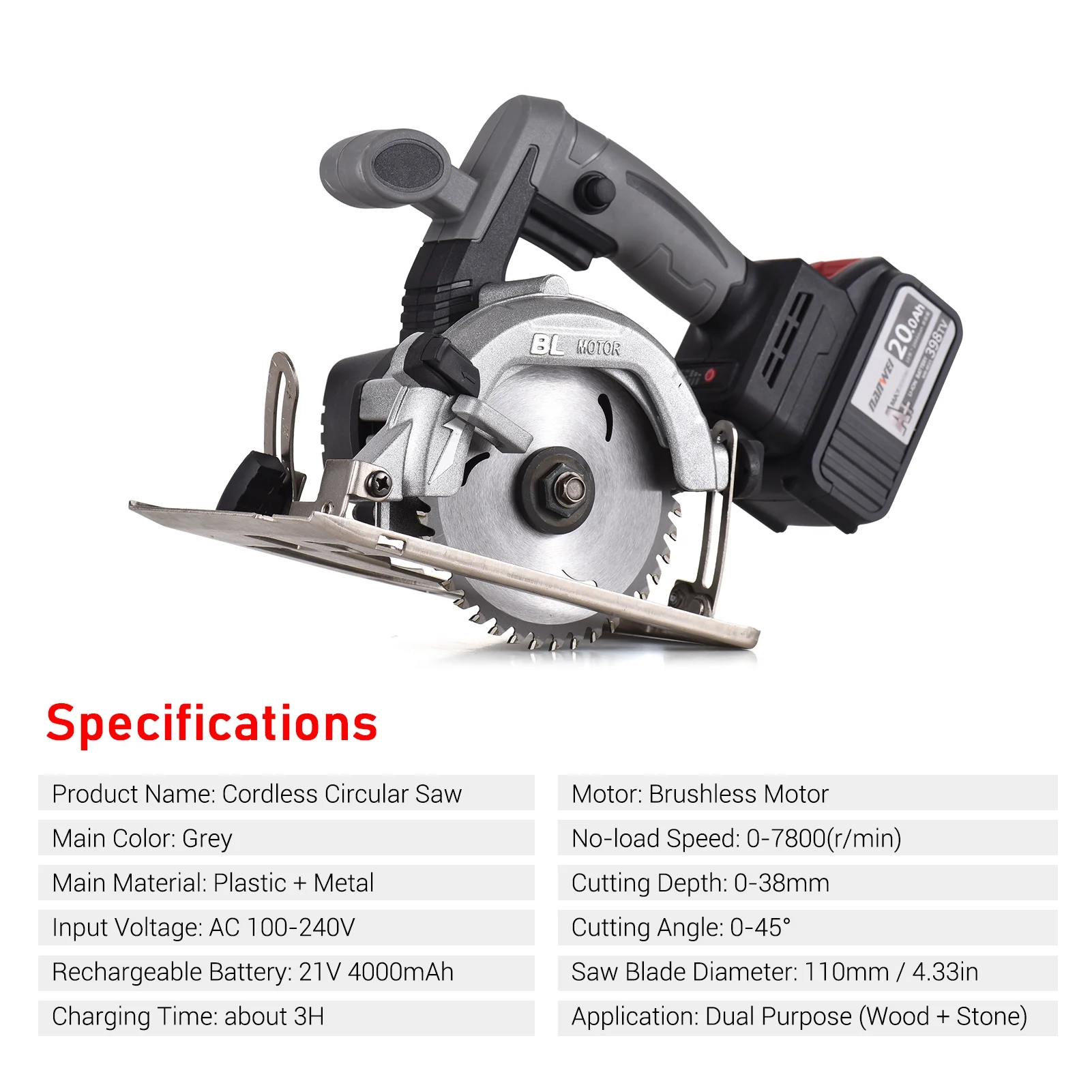 NANWEI Circular Saw Electric Saw 21V 7800RPM Cordless Brushless Tile Saw 45 Degree Adjustable Bevel Cutting with 110mm Blade - Image 8