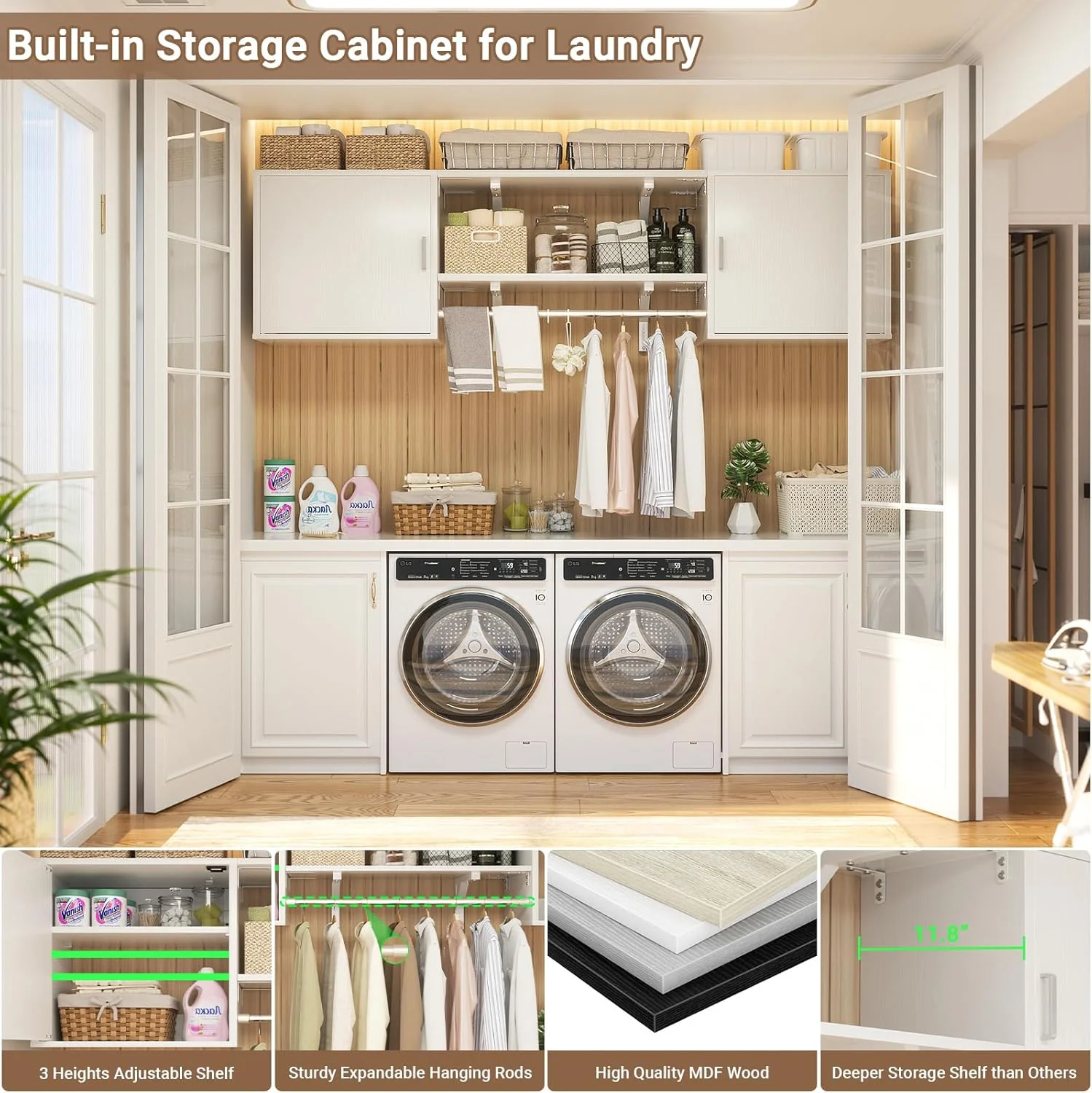 Homieasy Wall Mounted Cabinet with Hanging Rod, 65'' Wide Laundry Cabinet with 2 Shelves and Doors, Reversible, Small Storage Cabinet for Laundry, Bedroom, 300+ LBS Weight Capacity, White - Image 6