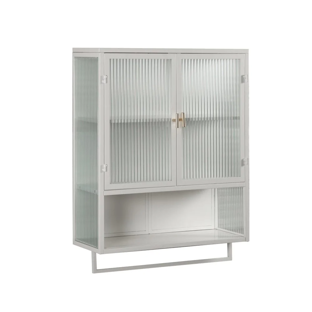 Tcbosik Modern Metal Wall Storage Cabinet with 2 Glass Door and Detachable Shelf, Open Shelf, and Towel Bar, Vintage Cabinet for Kitchen Dining, Bathroom, Living Room, White - Image 6