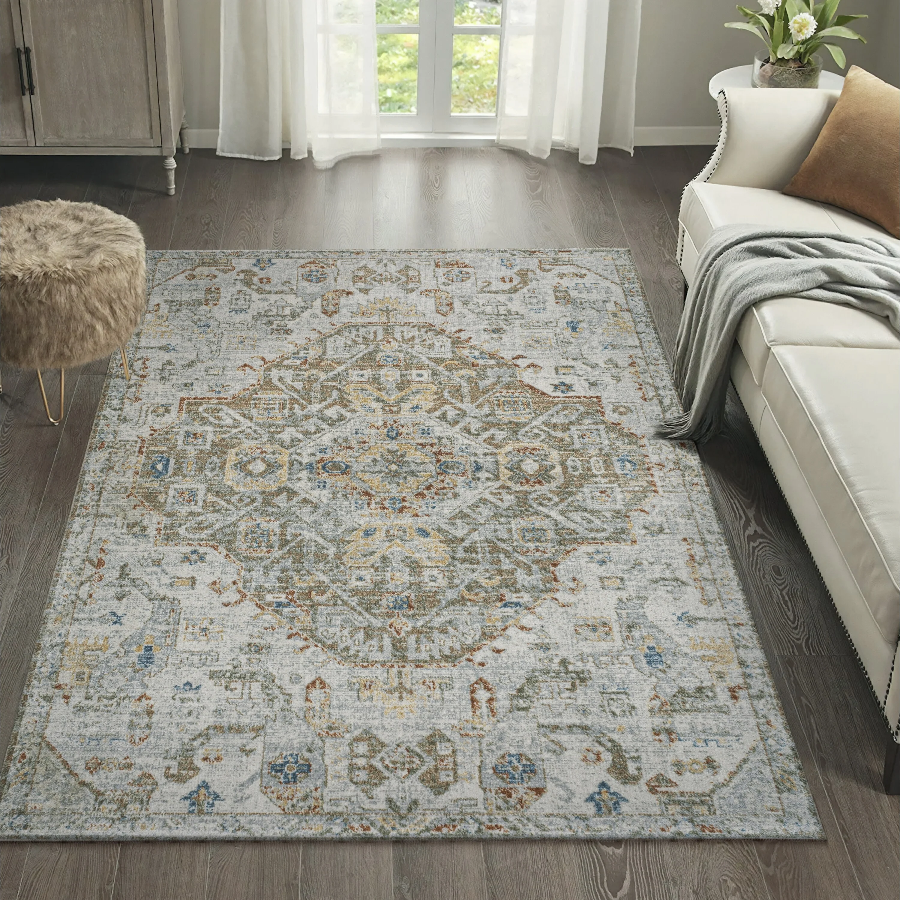 Bohemian Medallion Low-Pile Machine-Washable Area Rug, Cream and Terra - Image 24