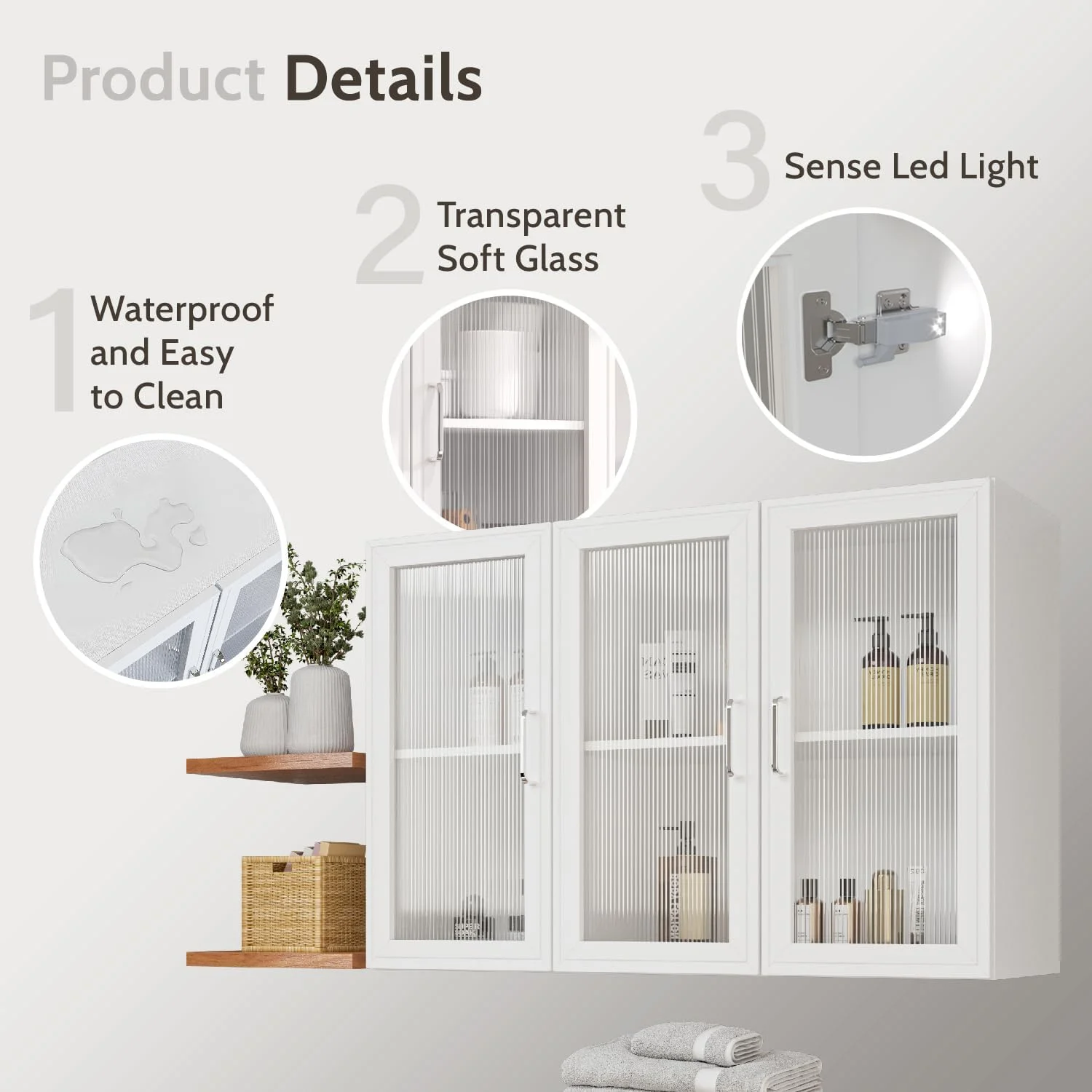 Wall Storage Cabinets - Led Upper Kitchen Laundry Wall Mounted Cabinets with Acrylic Glass 3 Doors and Shelves, 36'Wide - Image 5