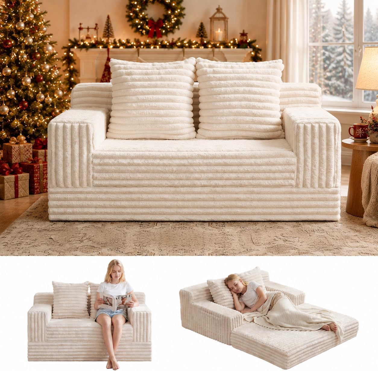 Convertible Sofa Bed, Loveseat Folding Floor Futon Sleeper Sofa Couch Bed- Boneless Foldable Couch, Corduroy Pull Out Sofa Bed with 2 Pillows for Living Room & Bedroom - Image 10