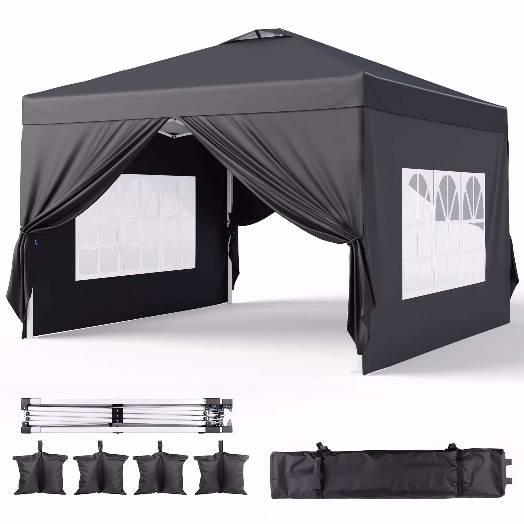 10'x10' Pop-up Canopy Tent with 4 Removable Sidewalls -?Lofka Portable Outdoor Canopy with 4 Sandbags, 8 Stakes & Ropes -?Perfect for Beach, Party, Patio & Yard Events, Black