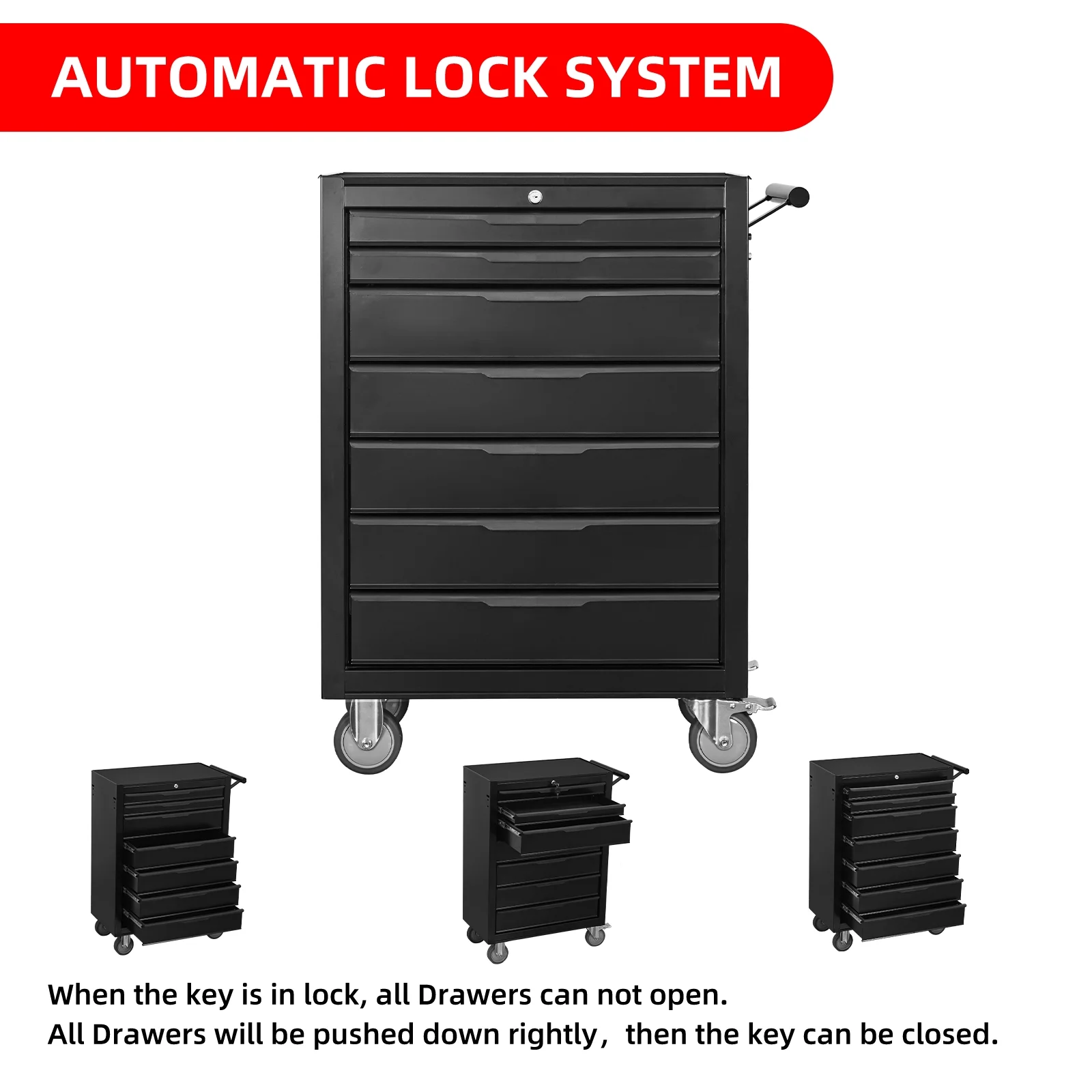 7-Drawer Rolling Tool Chest Cabinet, Large Capacity Metal Tool Box with Wheels and Cylinder Locking, Roll Around Storage Organizer Tool Cart for Garage, Warehouse, Work Shop - Black - Image 3
