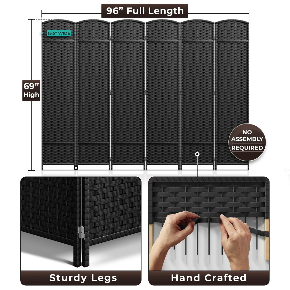 6 Panel Room Divider, 6ft Tall Extra Wide Folding Privacy Screen with Hand-Woven Mesh Panels - Image 25