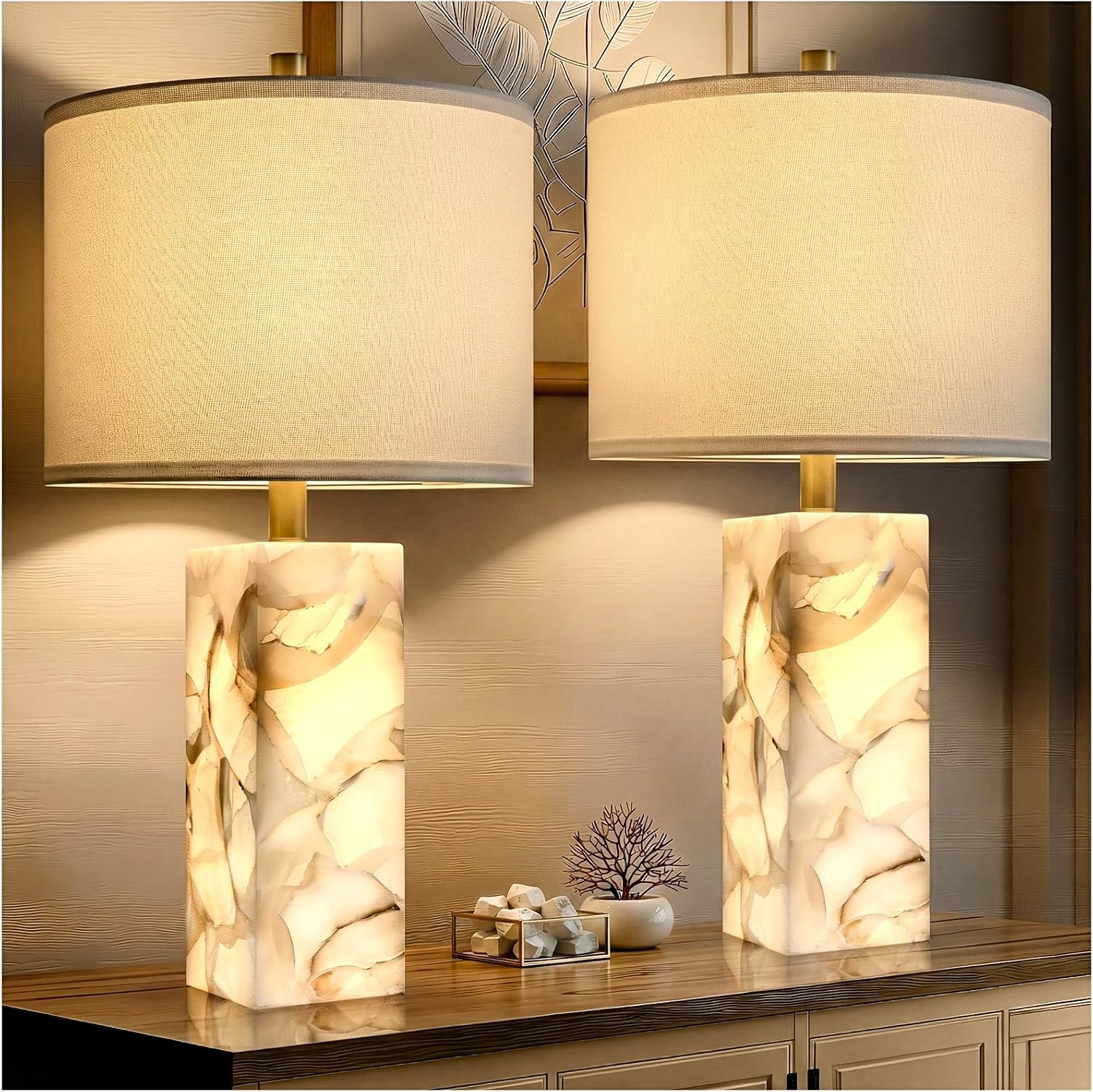 Alabaster Table Lamps with Night Light, Bedside Lamp with USB A+C - Image 4