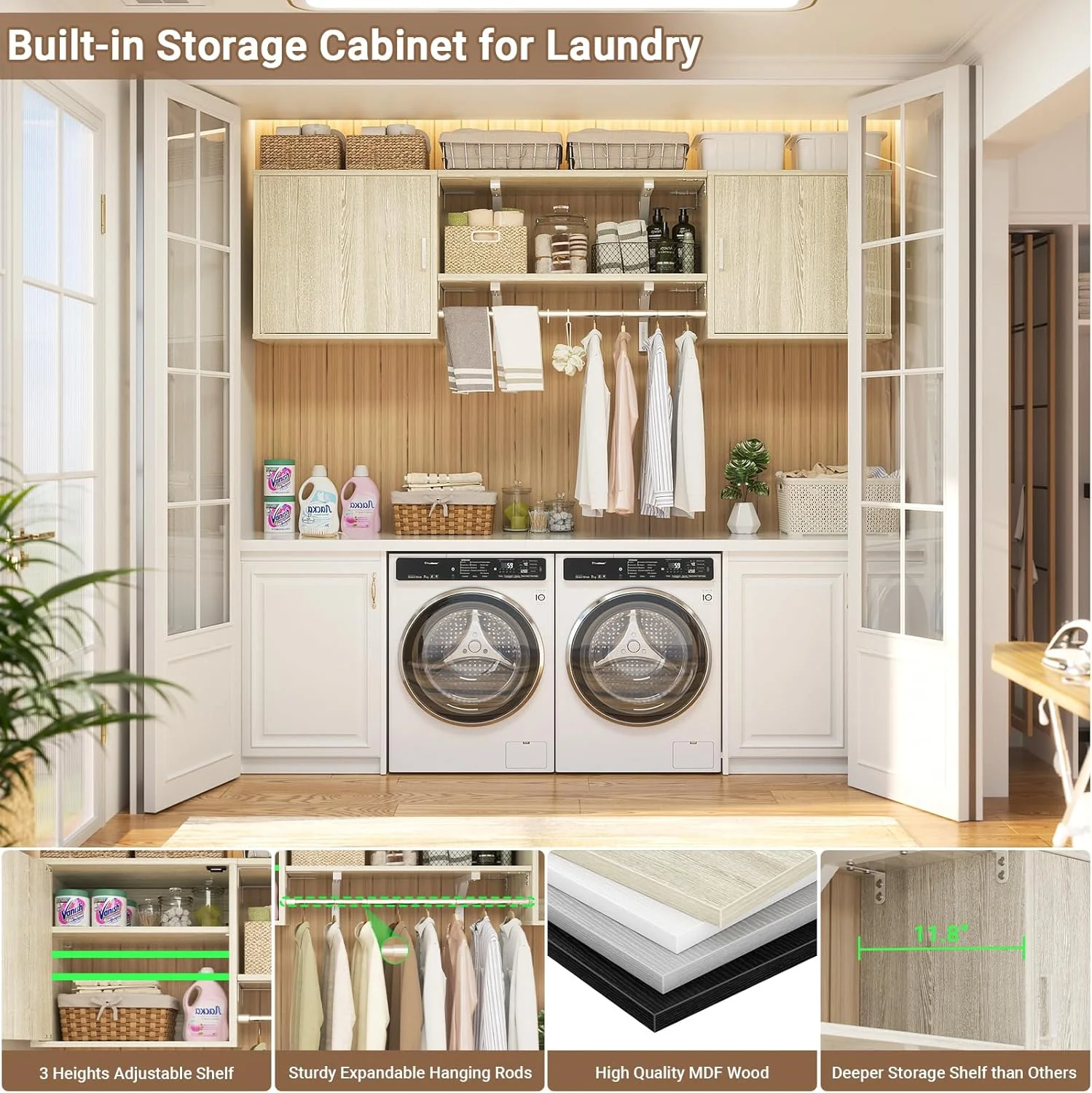 Homieasy Wall Mounted Cabinet with Hanging Rod, 65'' Wide Laundry Cabinet with 2 Shelves and Doors, Reversible, Small Storage Cabinet for Laundry, Bedroom, 300+ LBS Weight Capacity, White - Image 25