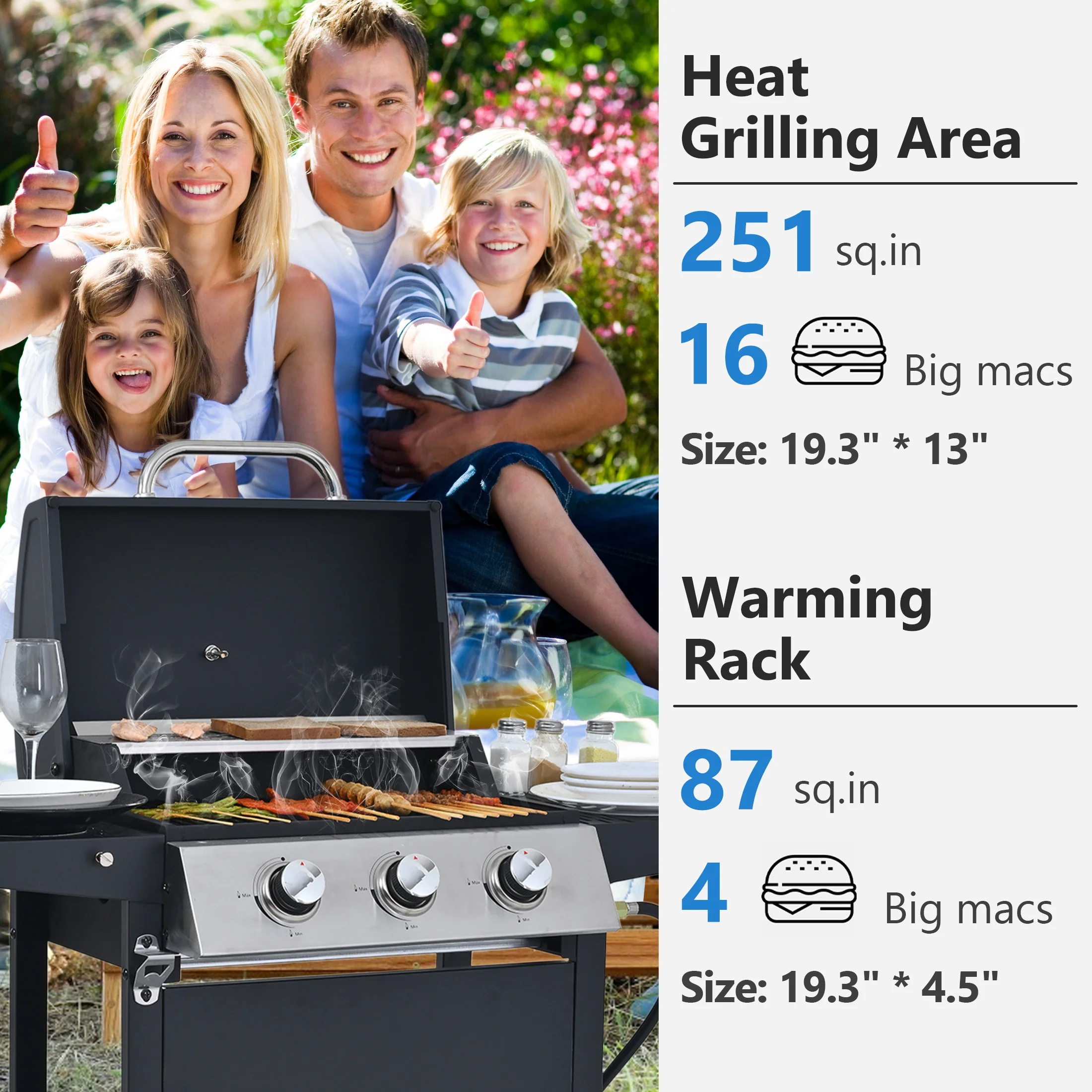 Segmart 3 Burner BBQ Propane Gas Grill, Stainless Steel 30,000 BTU Patio Garden Barbecue Grill with Folding Side Tables, Hanging Basket & Thermometer, Perfect for Camping, Outdoor Cooking - Image 21