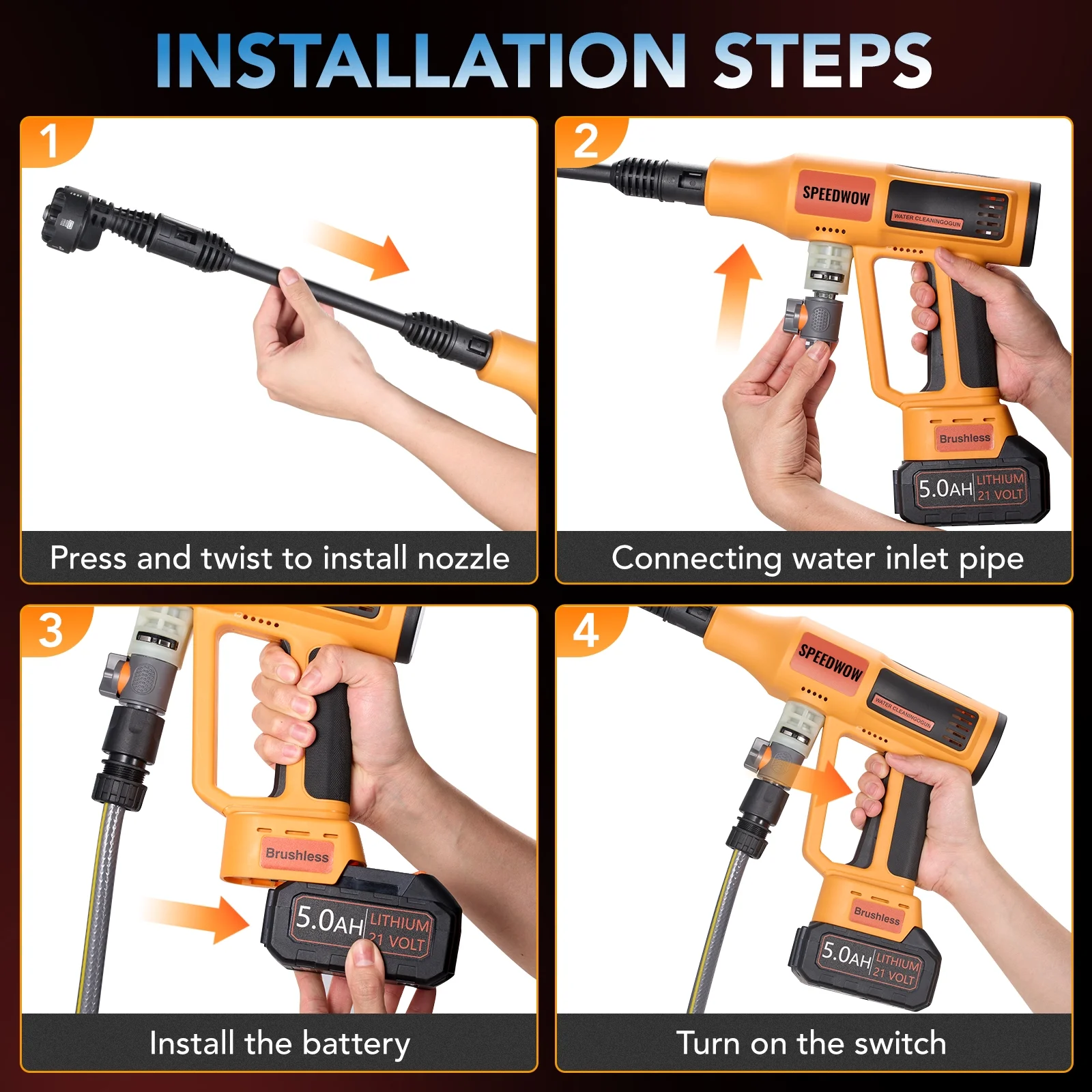 Filluck 1060PSI Cordless Pressure Washer, Portable Handheld High-Pressure Car Washer with 5.0Ah Long-Lasting Battery, 3-Speed Adjustable, 2.8GPM, 6-in-1 Nozzle for Car Cleaning/Garden/Floor - Image 16