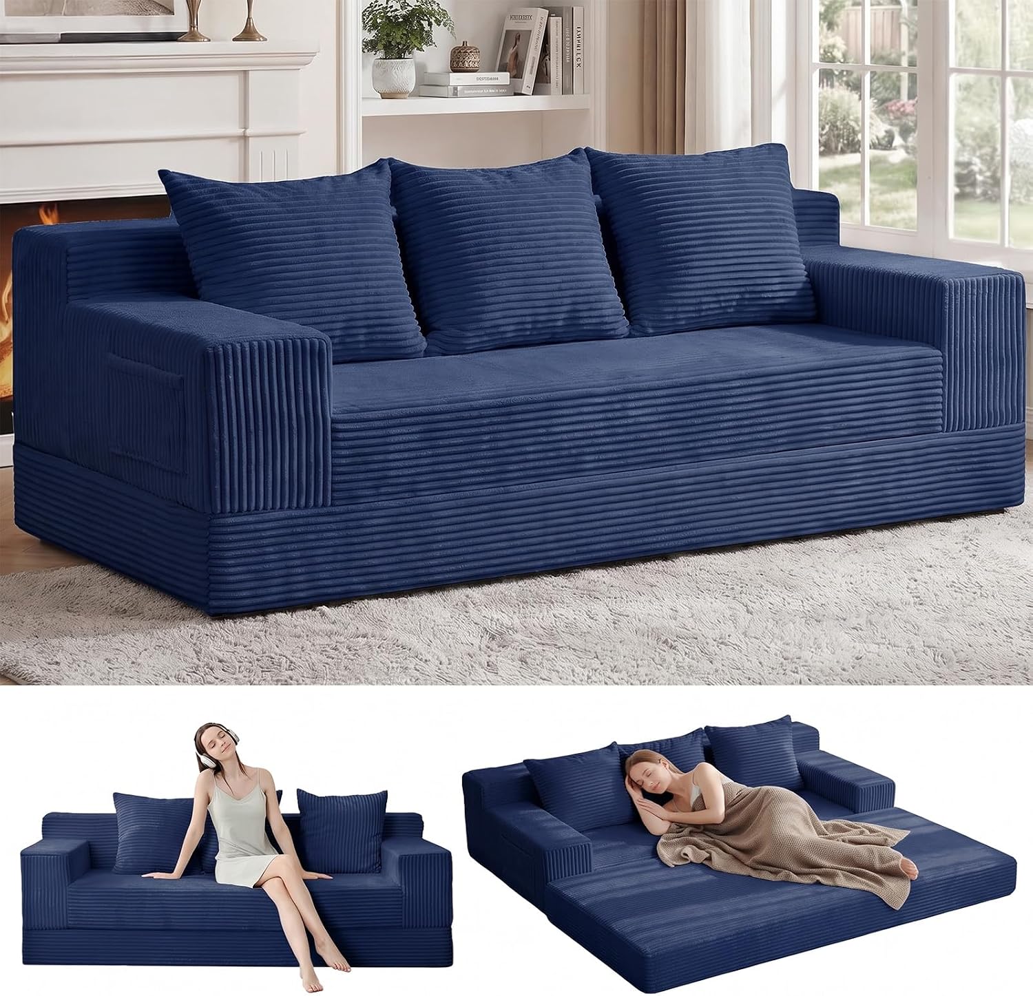 Convertible Sofa Bed, Loveseat Folding Floor Futon Sleeper Sofa Couch Bed- Boneless Foldable Couch, Corduroy Pull Out Sofa Bed with 2 Pillows for Living Room & Bedroom