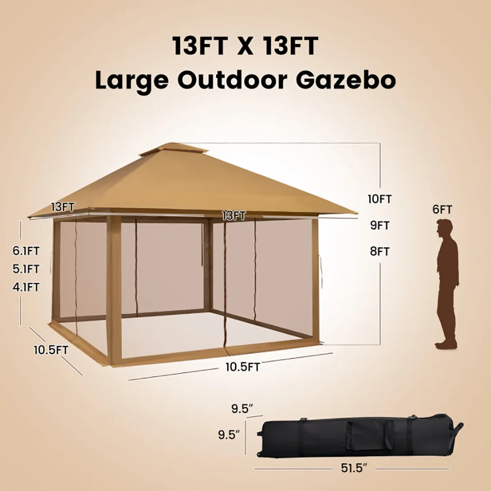 Yardi Yard 13 x 13 Feet Pop-up Instant Canopy Tent with Mesh Sidewall-Coffee, Roof Hardtop Galvanized Steel Top Canopy, Patio Heavy Duty Gazebo for Deck, Backyard - Image 3
