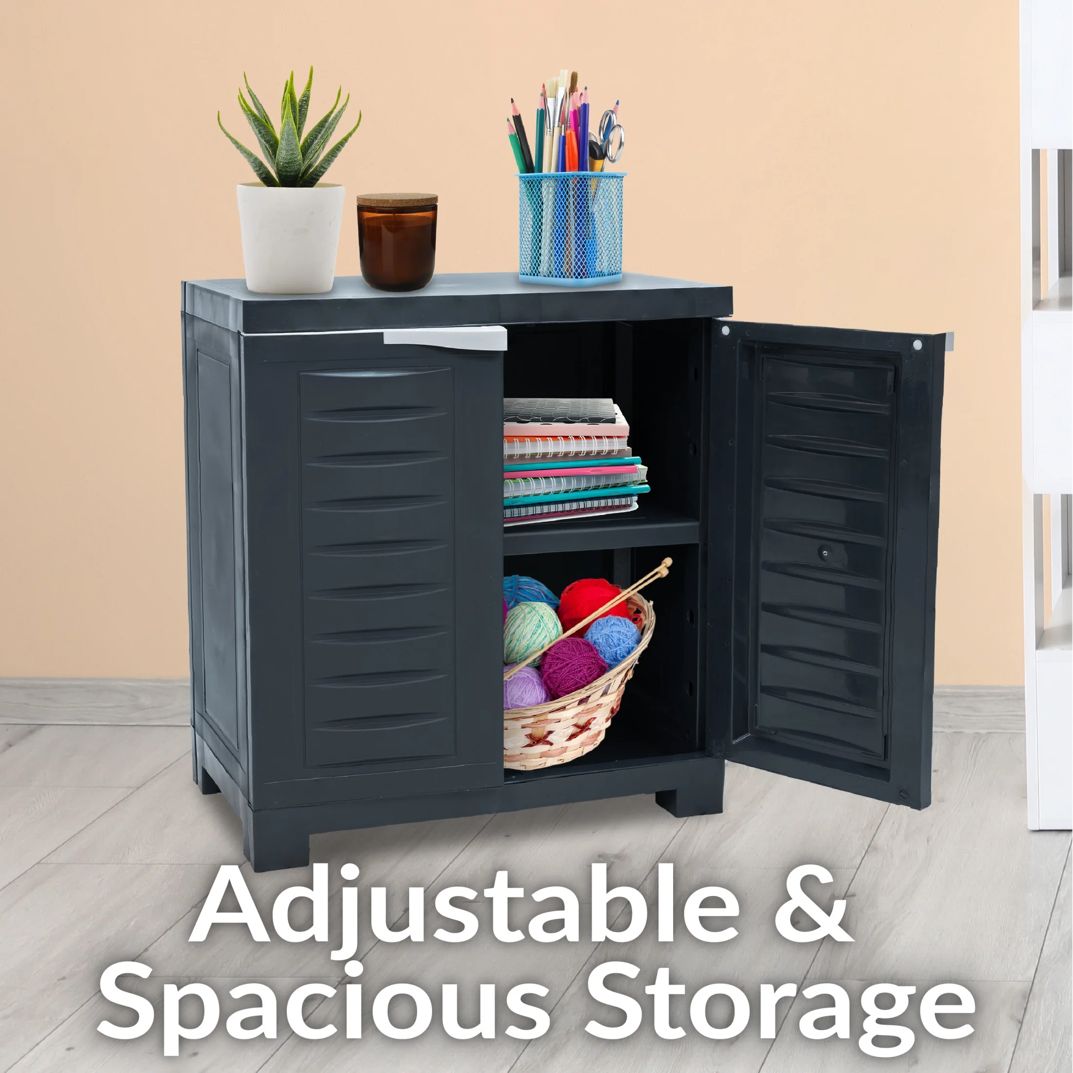 Sunnydaze Adjustable 25.5" Plastic 1-Shelf Freestanding Garage Storage Cabinet, Gray w/ Charcoal Trim - Image 16