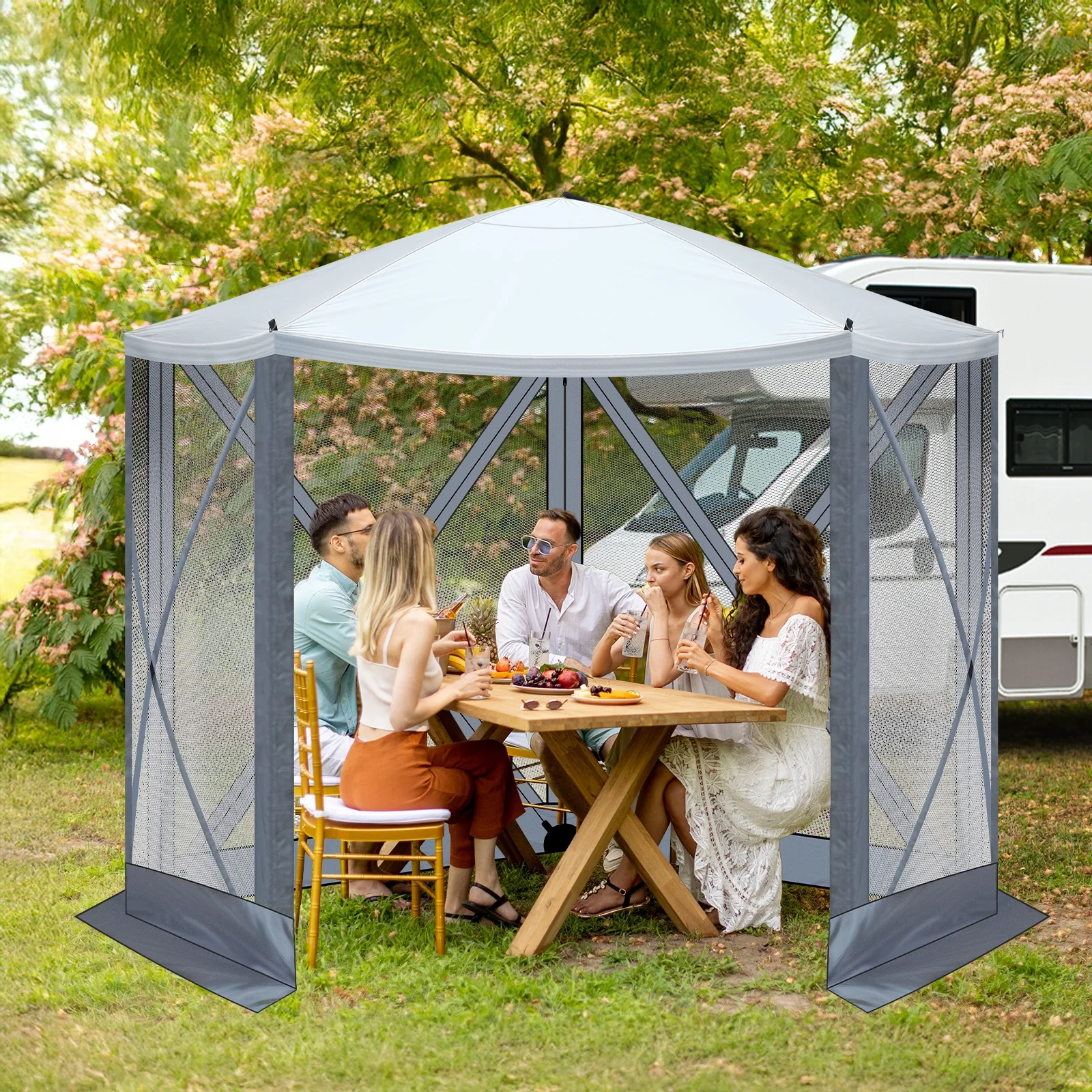 10'x10' Outdoor Pop-Up Camping Canopy - UV & Waterproof, 5 Mesh Sidewalls, Portable with Carrying Bag for Camping,Patio,Lawn, Gray - Image 11