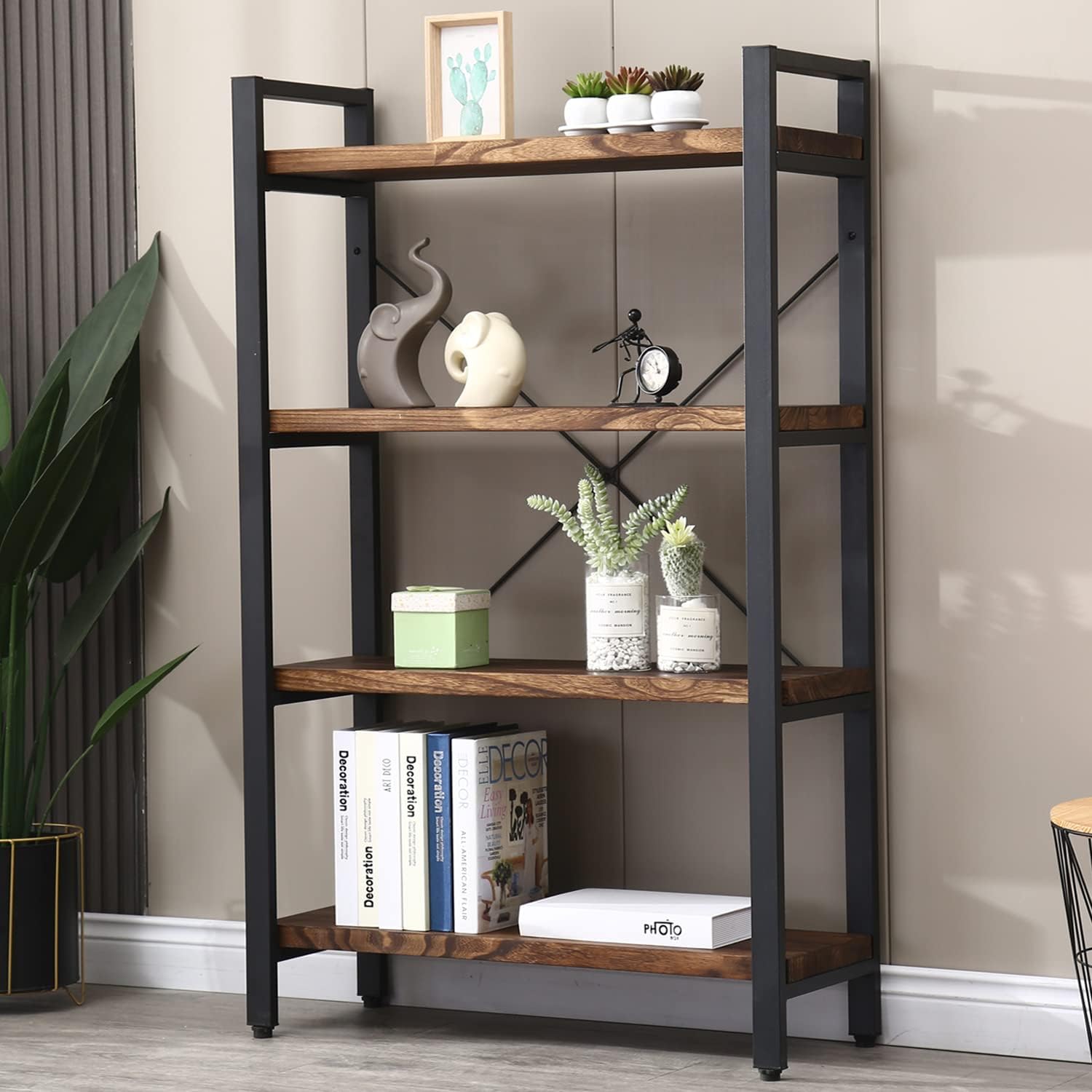 5 Tier Bookcase, Solid Wood Bookshelf Rustic Vintage Industrial Etagere Bookcase, Metal and Wood Free Vintage Bookshelf, Retro Brown (5-Tiers)