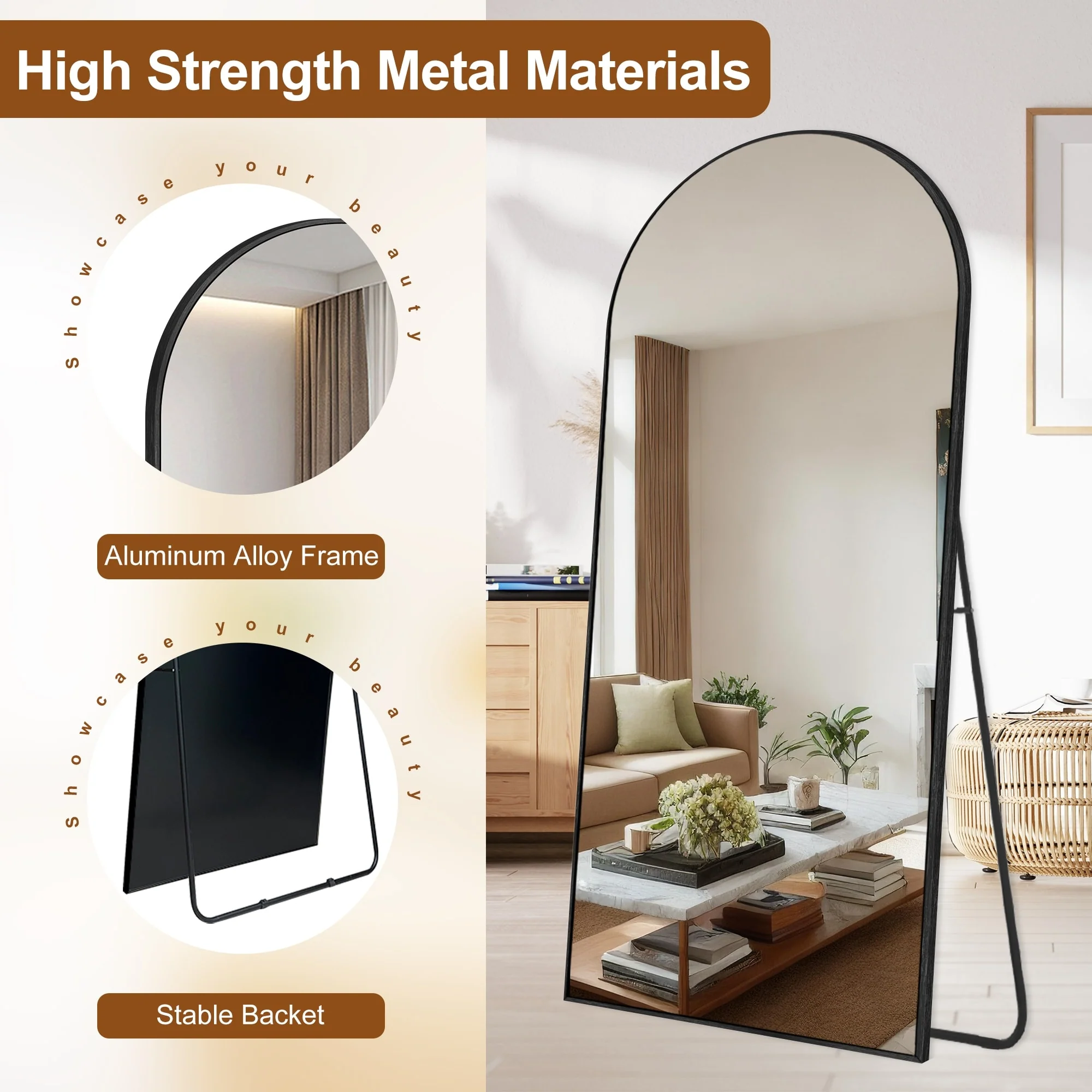 Modern Arched Full Length Floor Mirror, Aluminum Alloy Frame Standing Full Body Mirror - Image 17