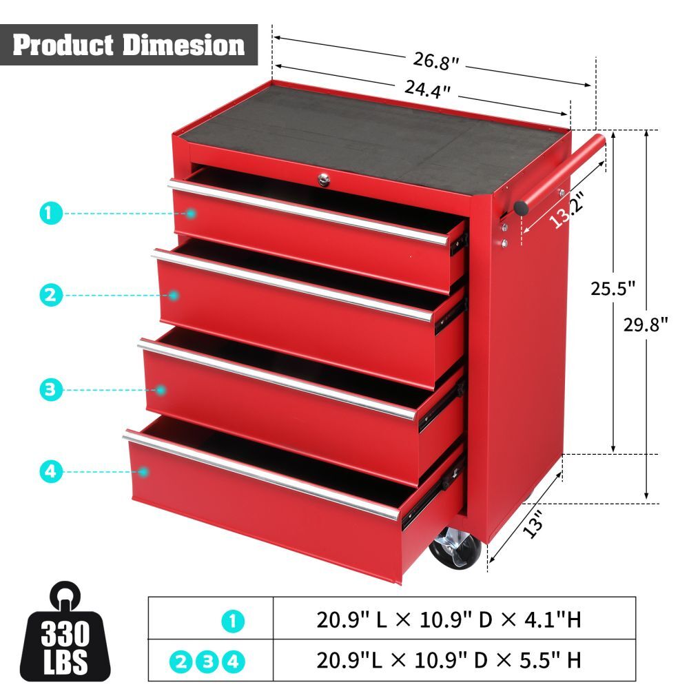 IVV 4-Drawer Rolling Tool Chest w/Lock & Key, Tool Storage Cabinet with Universal Wheels, Anti-Scratch Liners, Tool Organizer Box for Garage, Warehouse & Repair Shop, Red - Image 6