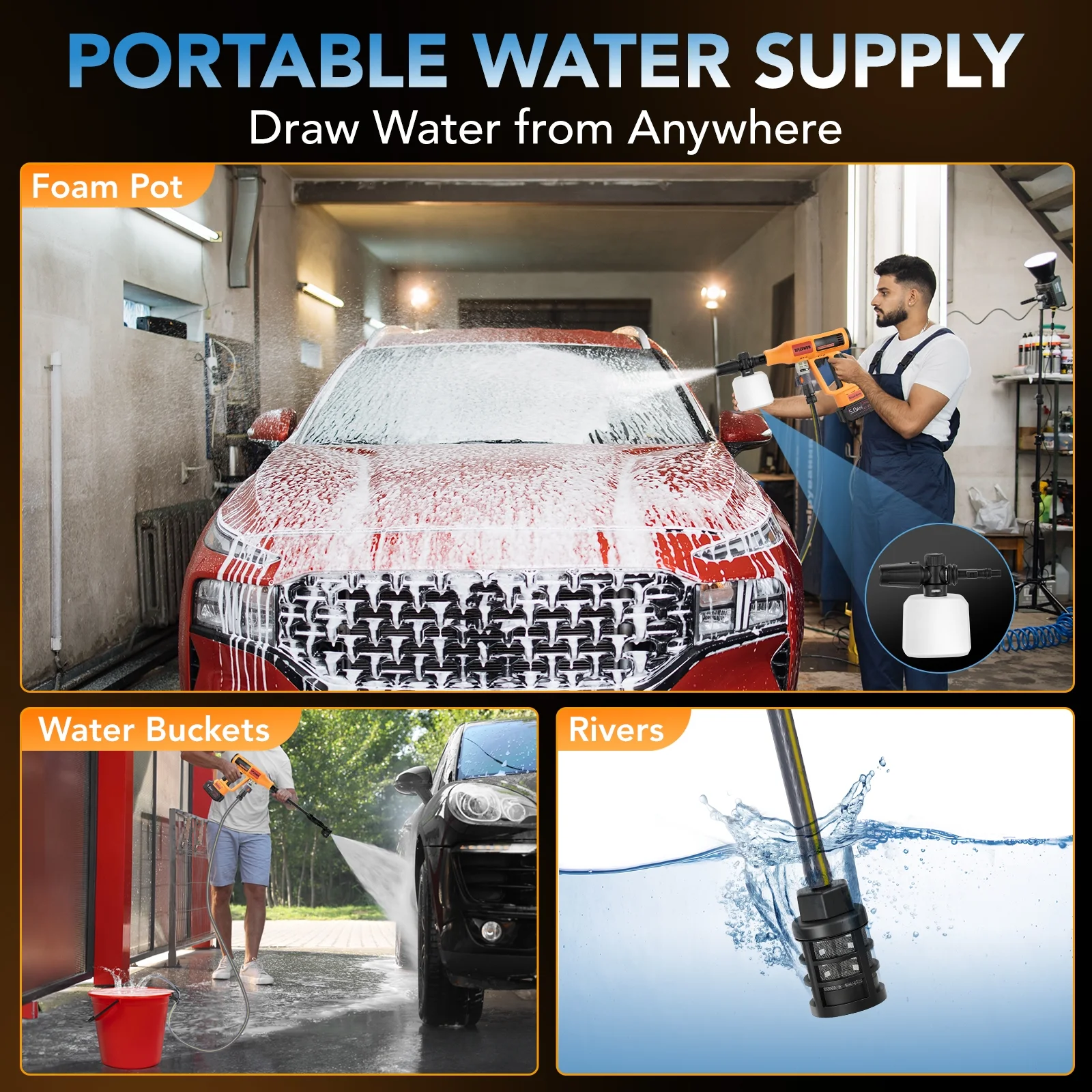 Filluck 1060PSI Cordless Pressure Washer, Portable Handheld High-Pressure Car Washer with 5.0Ah Long-Lasting Battery, 3-Speed Adjustable, 2.8GPM, 6-in-1 Nozzle for Car Cleaning/Garden/Floor - Image 13