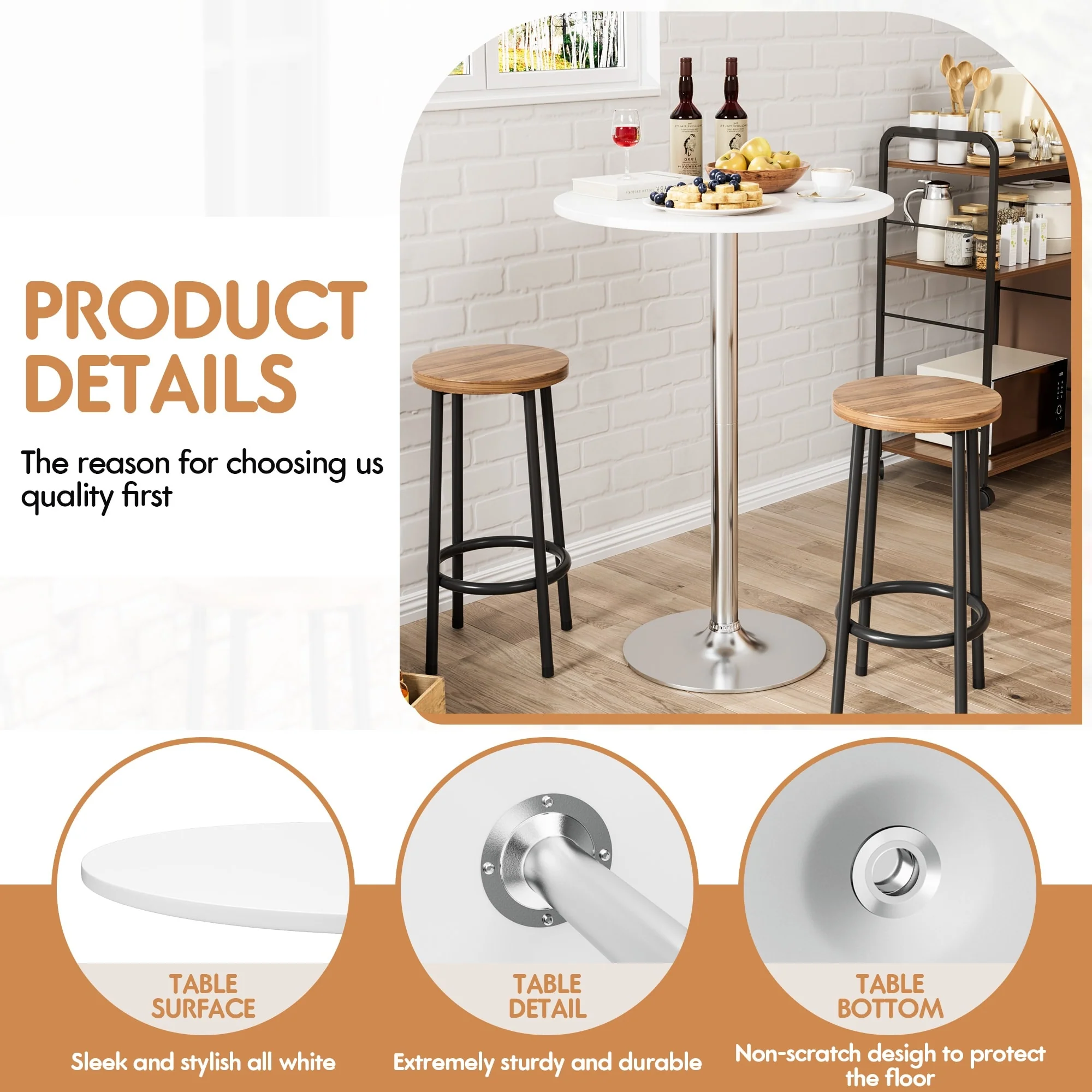 Round Bistro Pub Table, Bar Height Cocktail Table with Metal Base and MDF Top, 23.8 Inch - Image 19