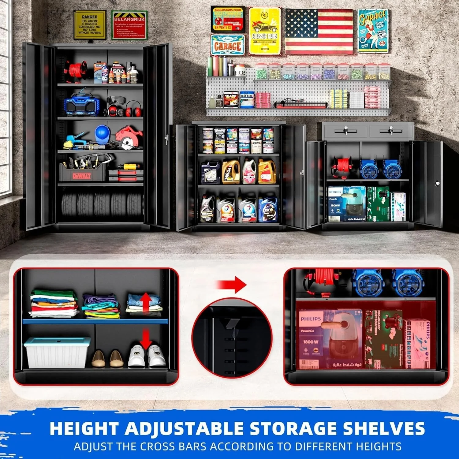 36" Metal Garage Storage Cabinet with 2 Locking Doors and 2 Adjustable Shelves Grey - Image 19