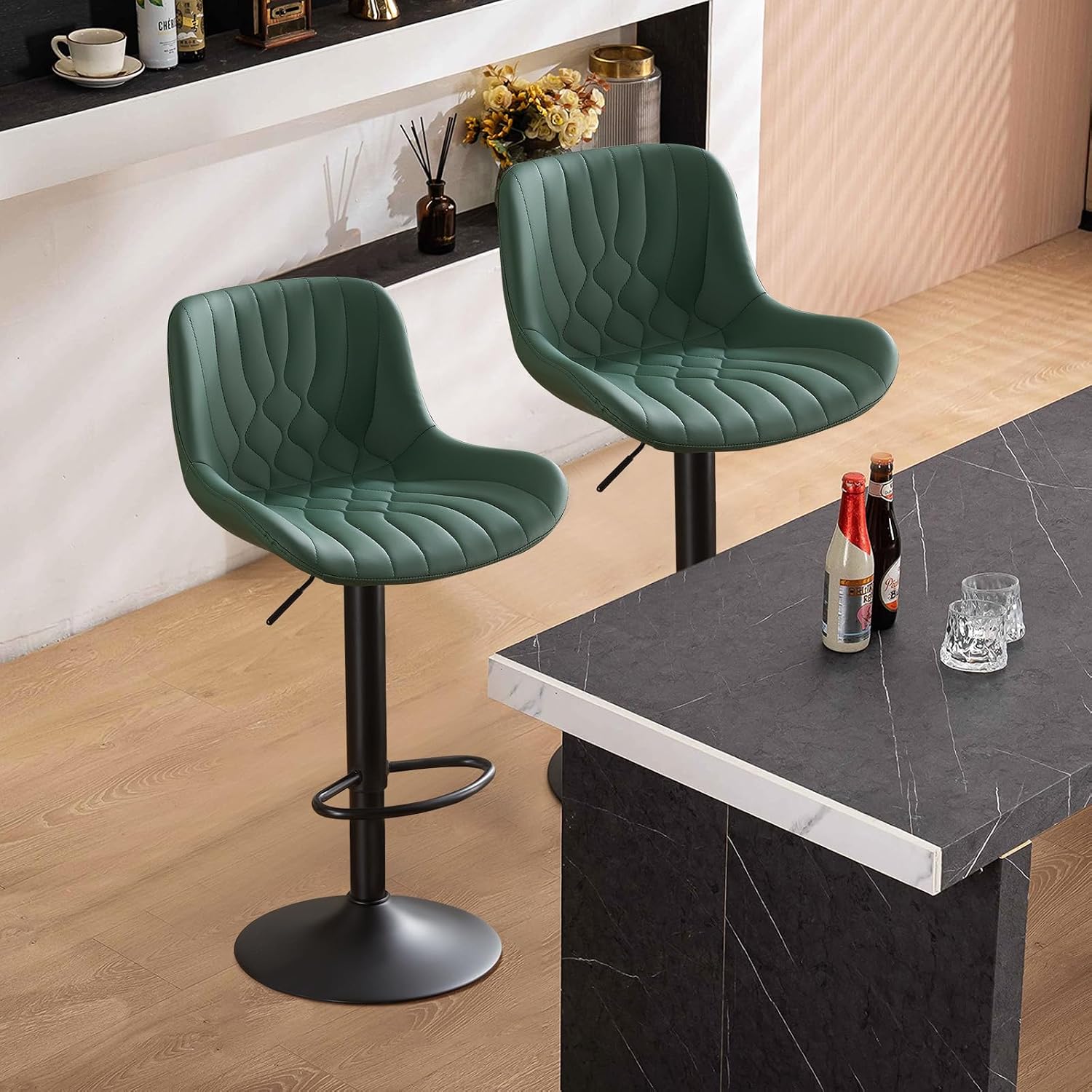 Modern Adjustable Bar Stools Set of 2,Swivel Backs with Faux Leather Counter Height for Kitchen Island Breakfast Bar Chairs Padded Seats for Bar(Black) - Image 13