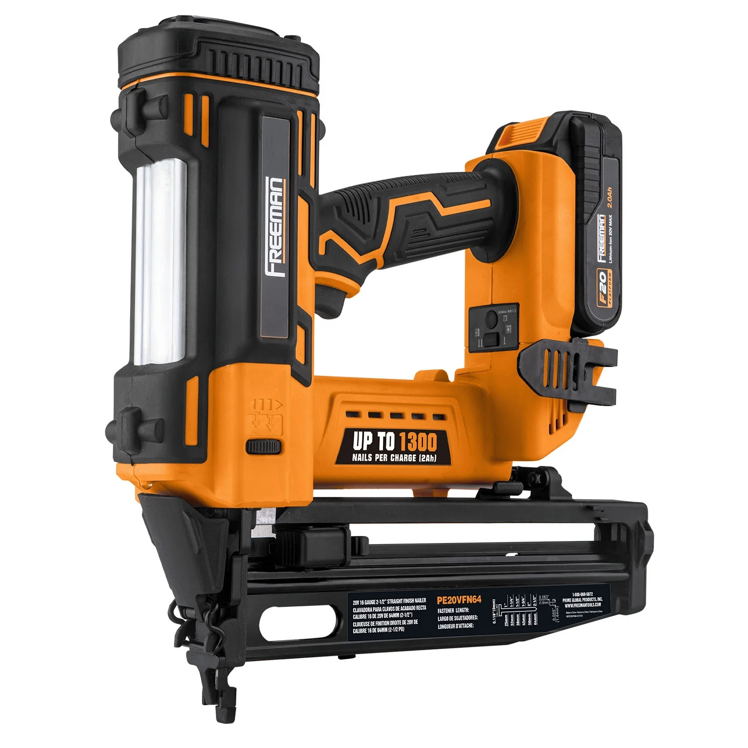 Freeman PE20VFN64 20 Volt Cordless 16-Gauge 2-1/2" Straight Finish Nailer Kit with Lithium Ion Battery, Charger, Bag, and Nails (200 Count) -C 1300 Shots per Charge - Image 2