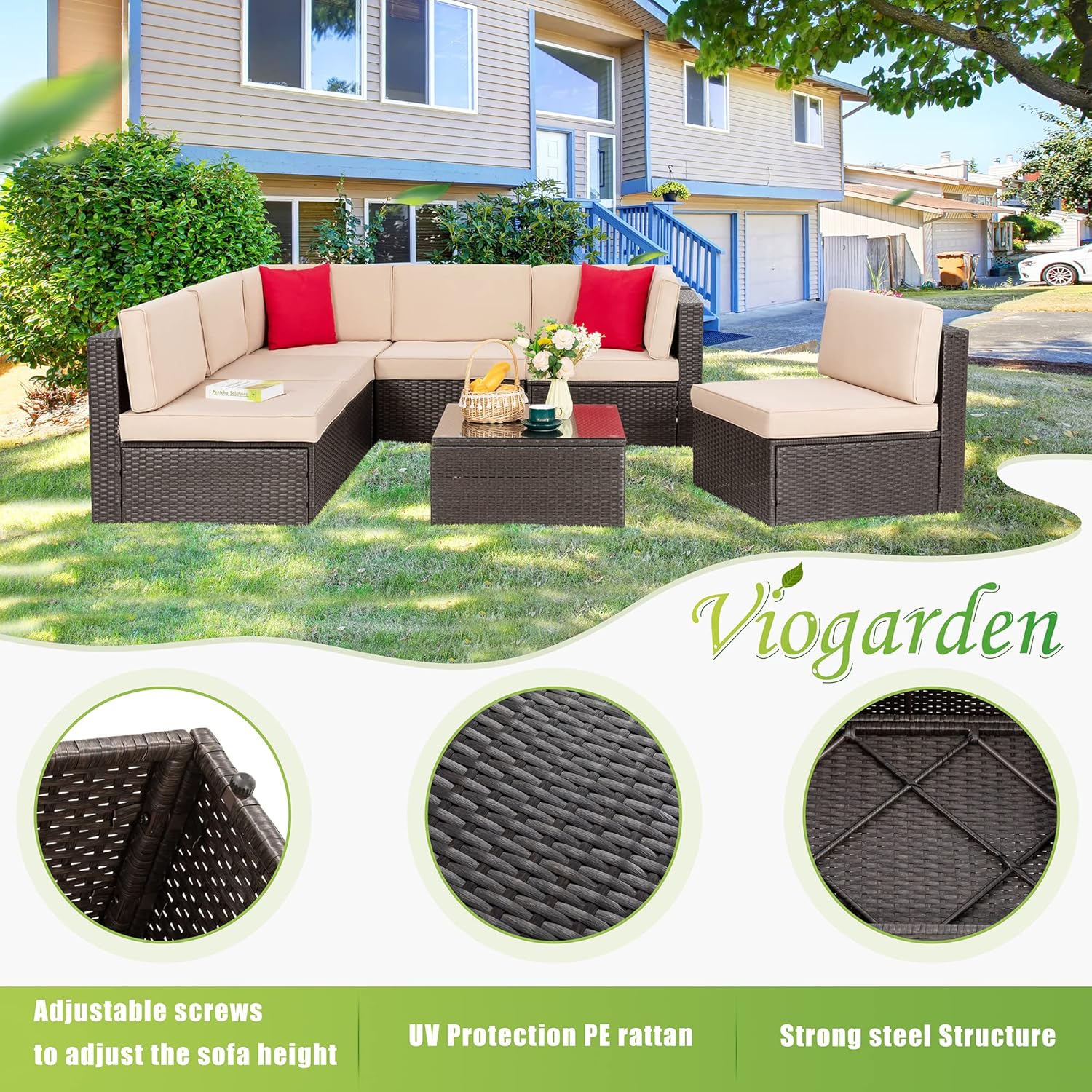 5-Piece All-Weather Patio Furniture Set with Ottoman, Outdoor Wicker Conversation Sofa Set with Cushions for Garden, Deck & Backyard - Image 38