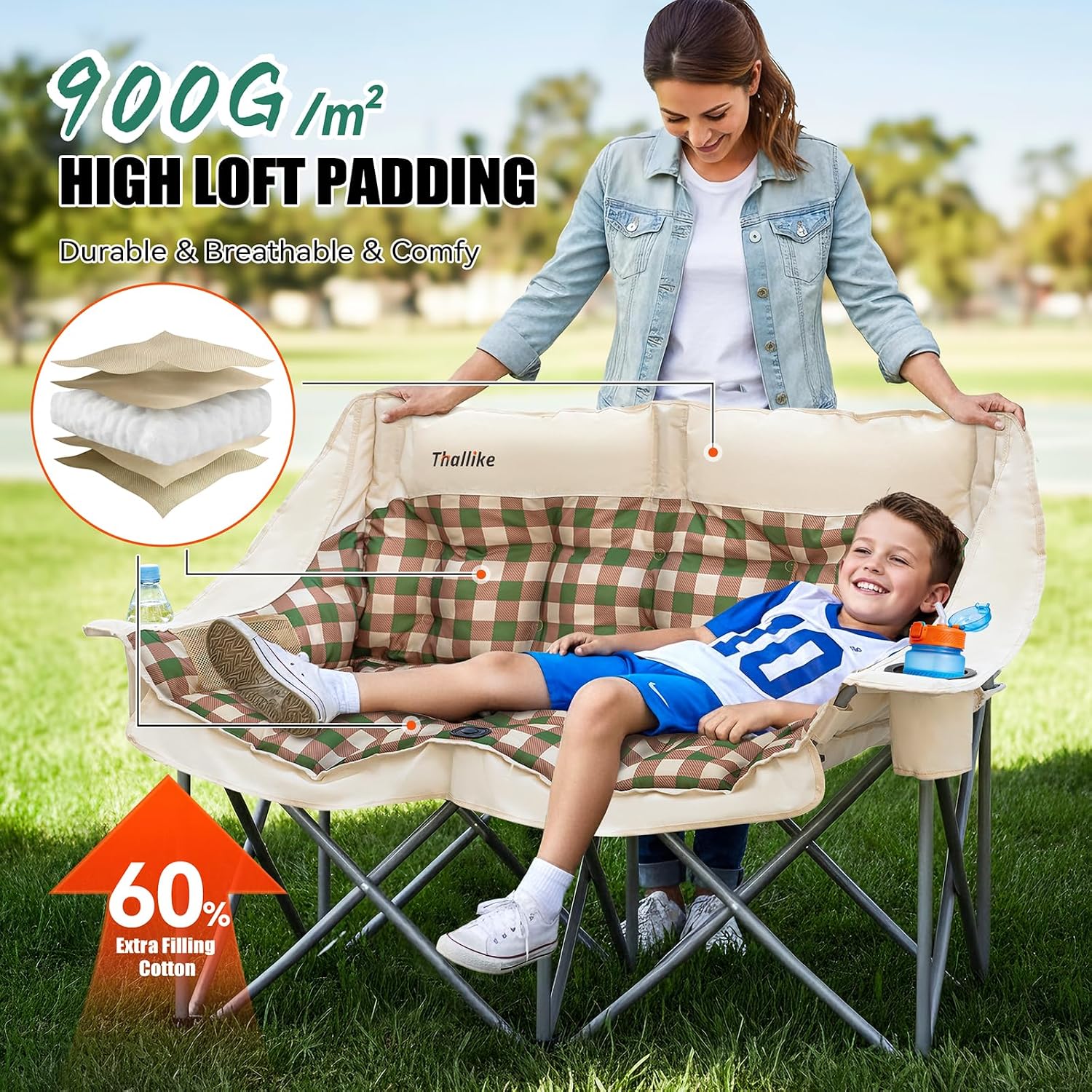 Double Camping Chair, Oversized 2 Person Camp Chairs with Cup Holders Side & Backrest Mesh Pockets Padded Loveseat Camping Chair Foldable for Outdoor Lawn Backyard Beach Support 800LB - Image 4