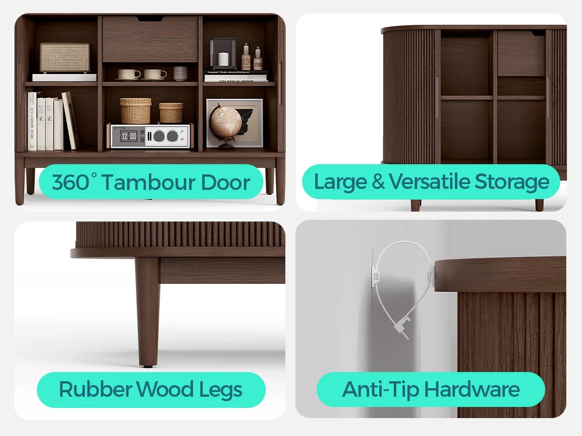 LINSY HOME Fluted Pantry Storage Cabinet, Kitchen Cabinets with Sliding Tambour Door, Wide Storage Cabinet with Removable & Adjustable Shelves for Dining Room, Living Room, Bathroom, Oak - Image 13