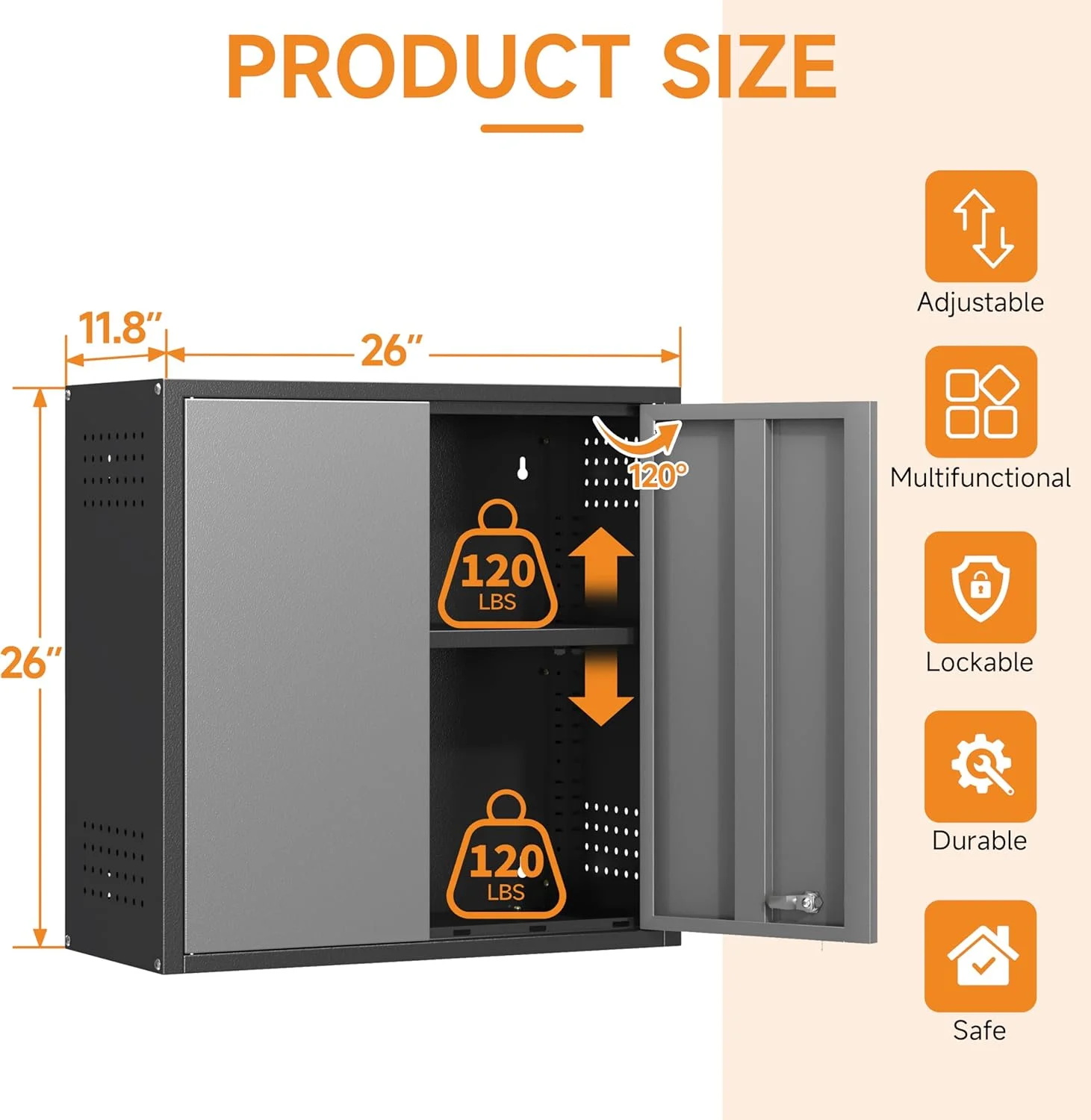 Metal Garage Wall Cabinet with Doors and Adjustable Shelf,Lockable Floating Tool Cabinet with Pegboard,Steel Storage Cabinet for Kitchen,Office,Garage,Laundry,Warehouse(Black&Gray, 26" H) - Image 2