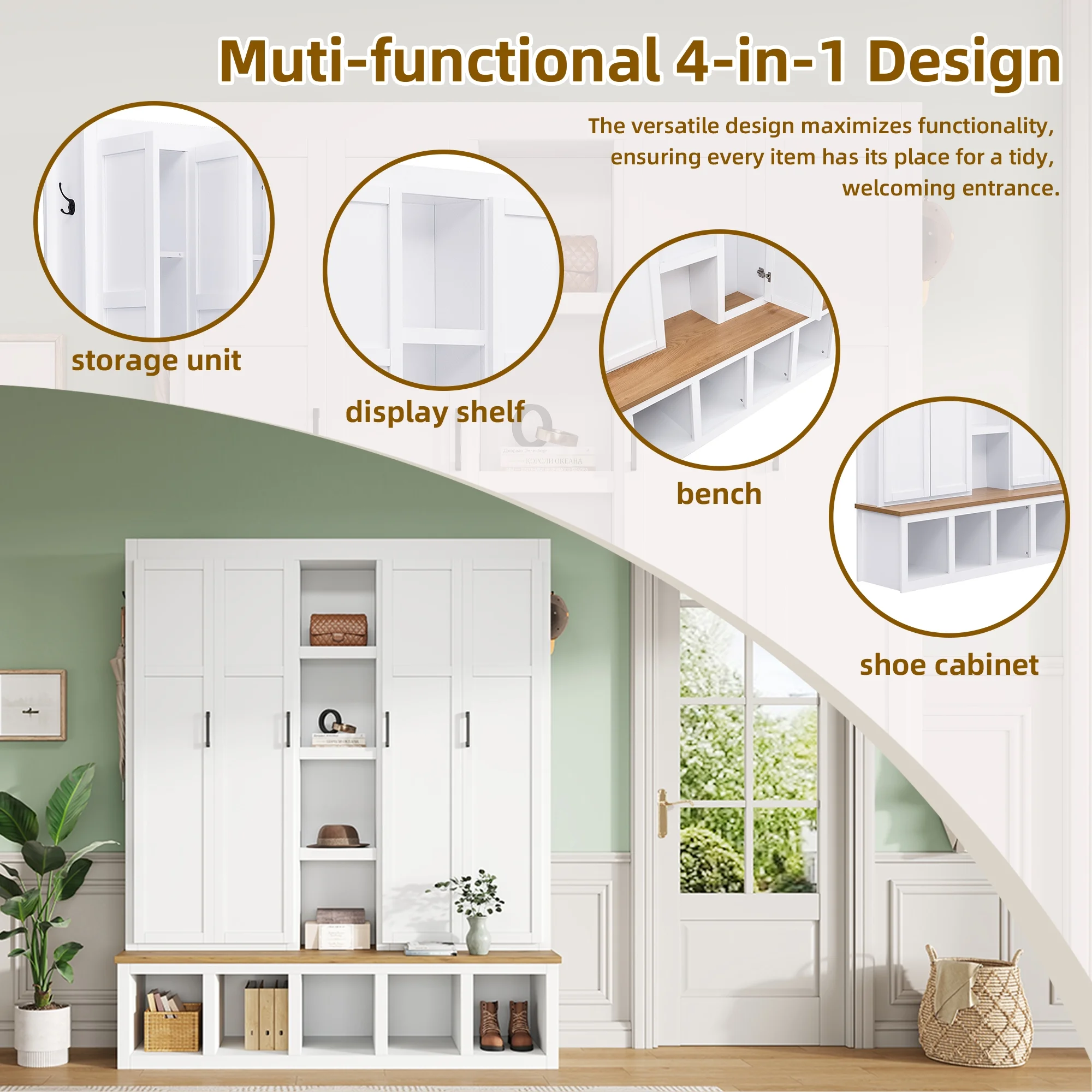 Euroco Modern Farmhouse Hall Tree -C 4-in-1 Entryway Bench with Cabinets, Hooks & Shoe Storage, Wood-Grain Finish, Handles, Anti-Tip Safety - Image 21